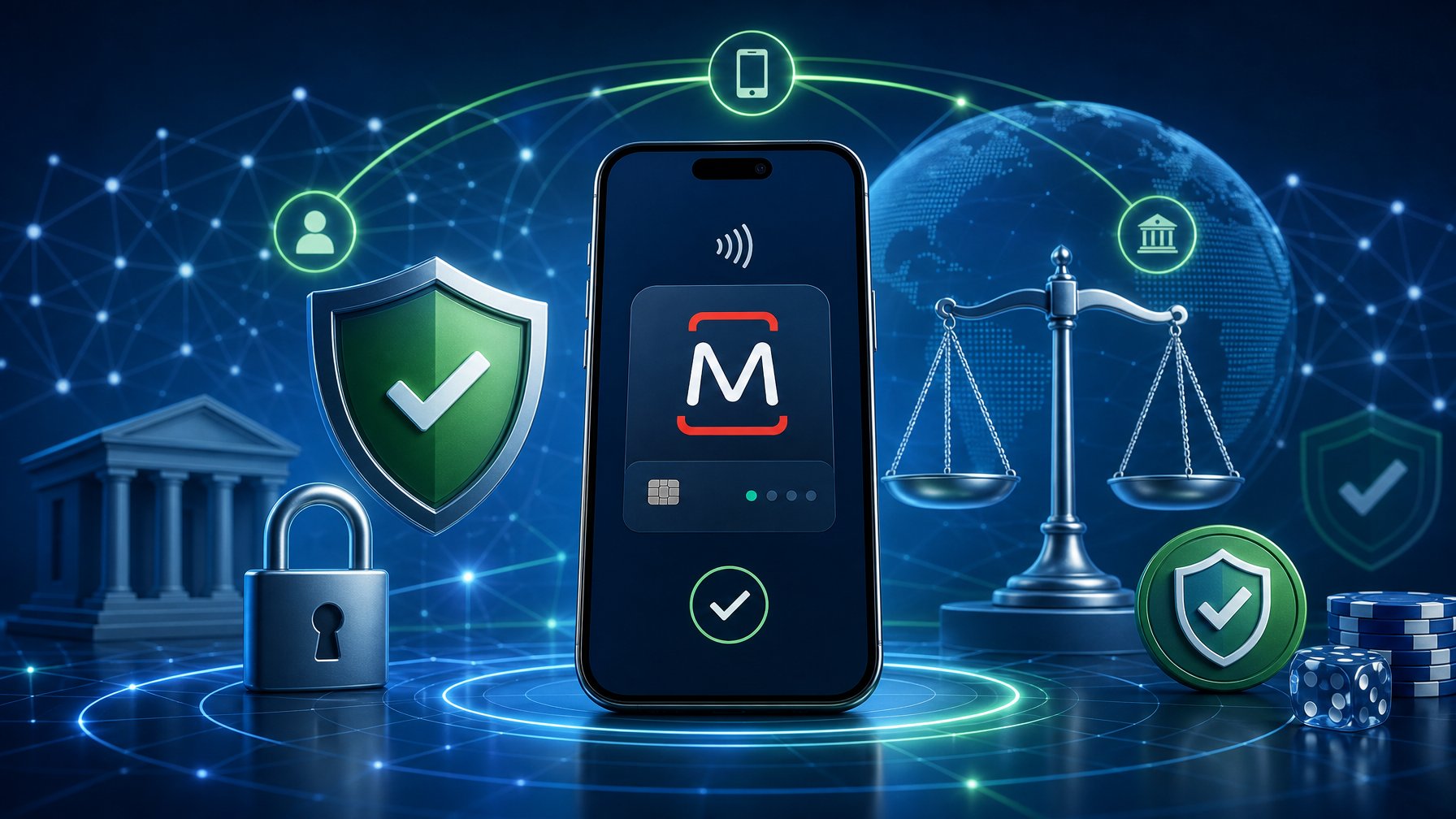 A Smartphone Displaying A Mobile Payment App Surrounded By Icons Of A Shield, Lock, And Balanced Scale, Symbolizing Security, Regulation, And Player Safety In Digital Casino Payments.