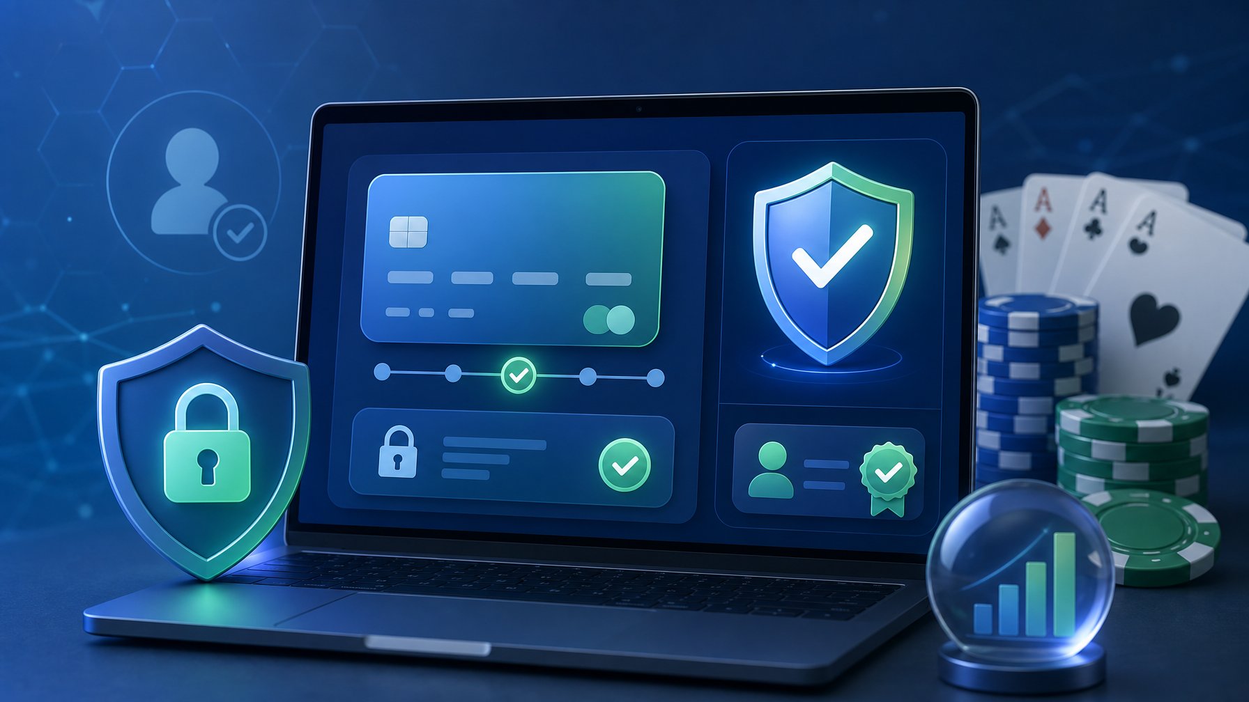 A Digital Interface Showing A Secure Payment Transaction With A Shield And Verification Badge, Surrounded By Poker Chips And Playing Cards, Representing Safe And Responsible Use Of Klarna For Casino Payments.