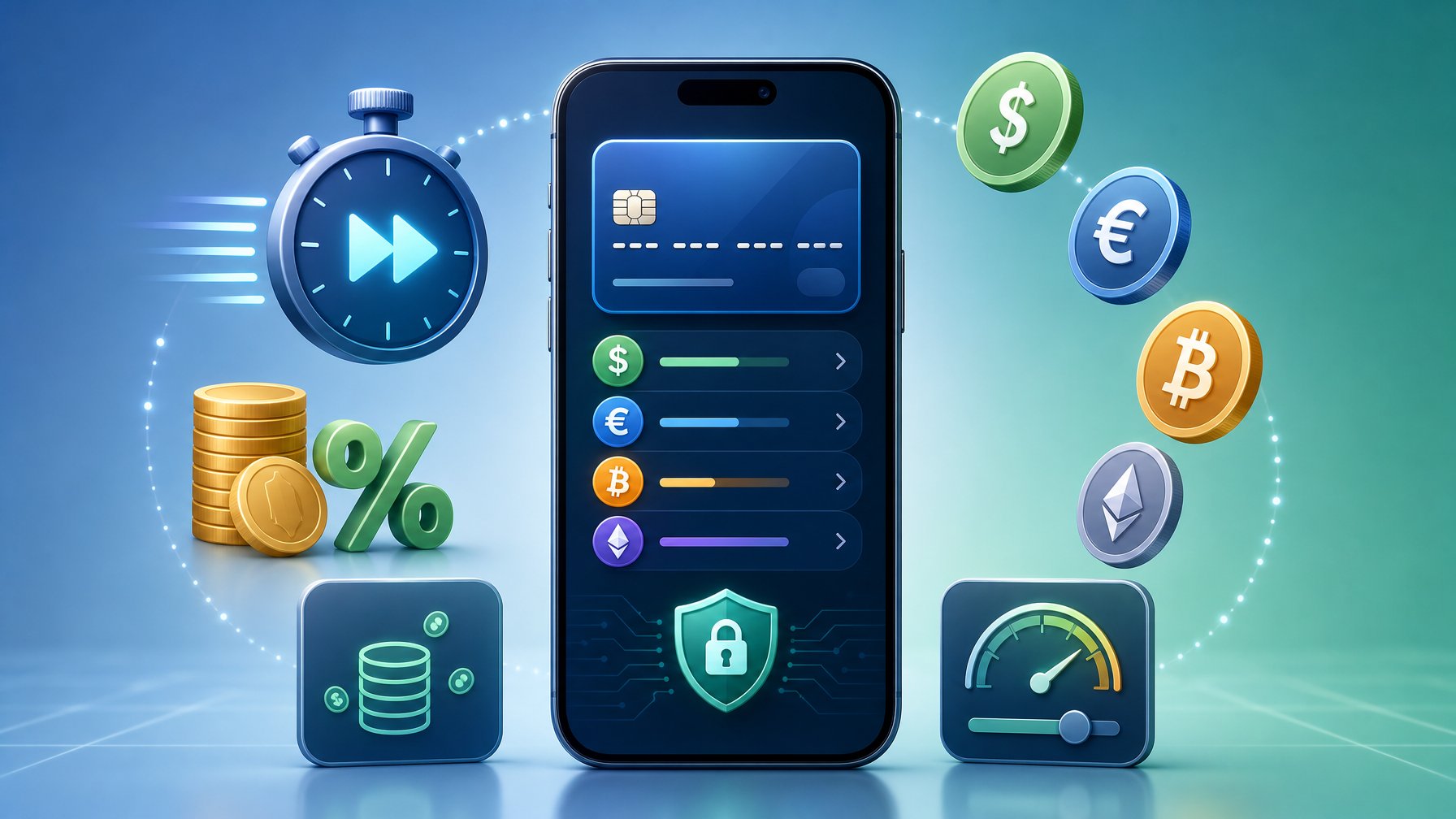 A Smartphone Surrounded By Currency Symbols, Speed Icons, Coins, And Limit Indicators Representing Online Casino Payment Features.