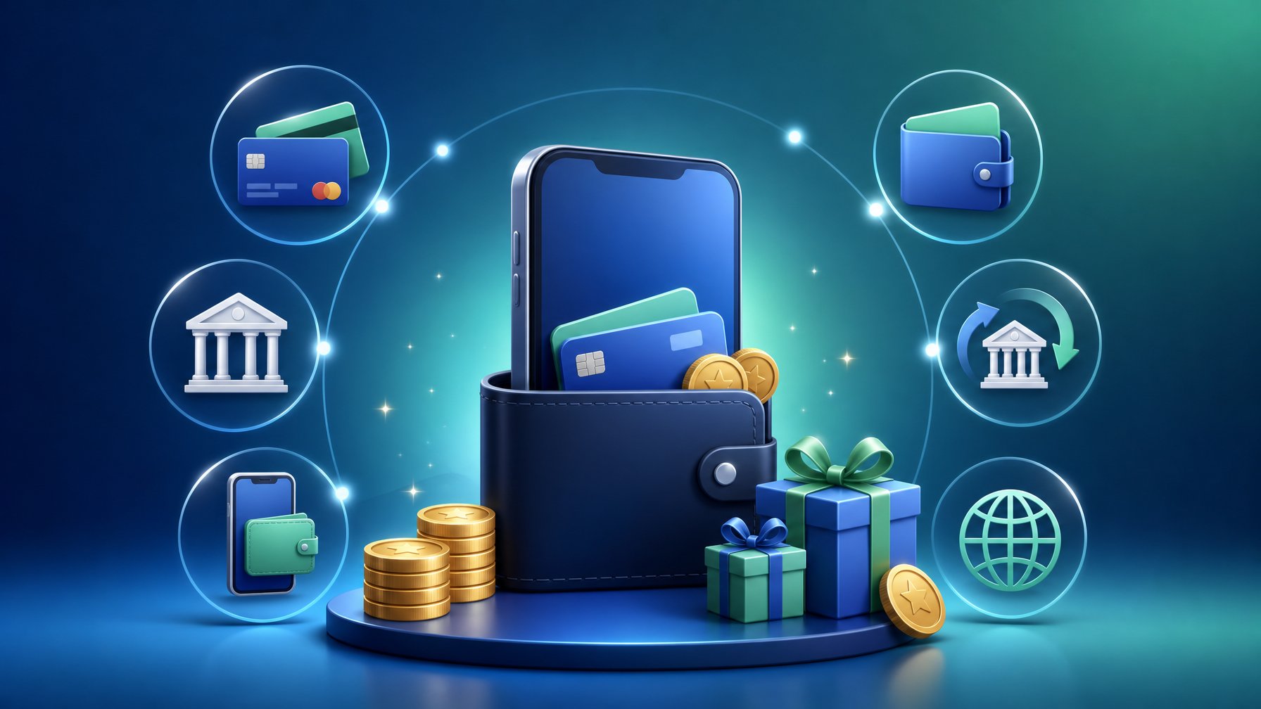 A Digital Wallet Surrounded By Various Payment Icons And Gift Boxes Representing Bonuses And Alternative Payment Options.