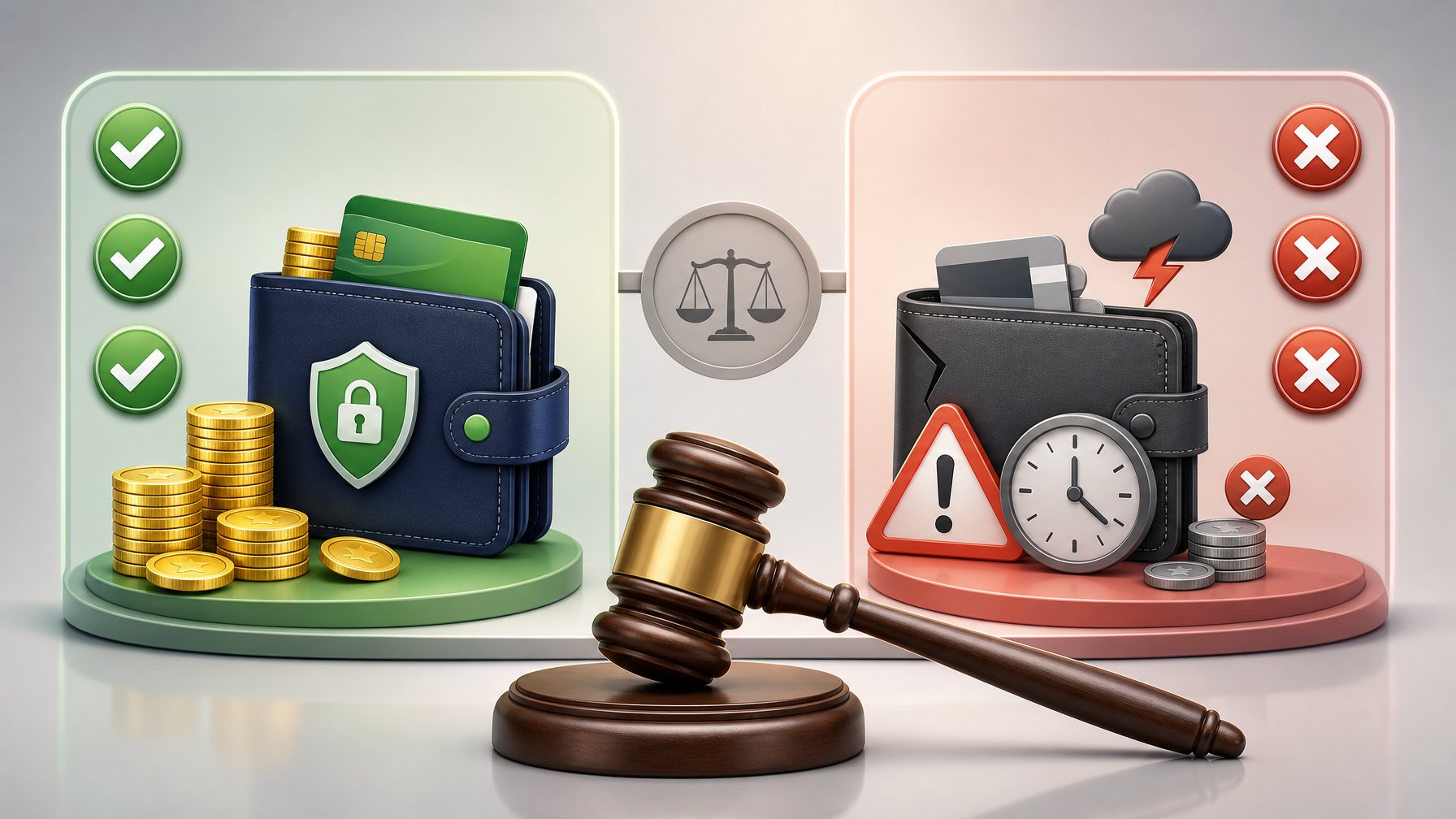 An Illustration Showing A Balanced Comparison With Positive And Negative Symbols And A Judge's Gavel Representing A Final Decision.