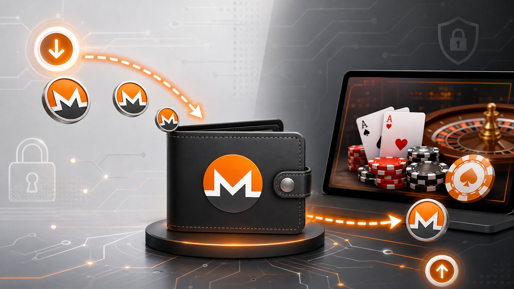 Illustration Showing The Flow Of Deposits And Withdrawals Between A Monero Digital Wallet And An Online Casino Interface With Chips And Cards.