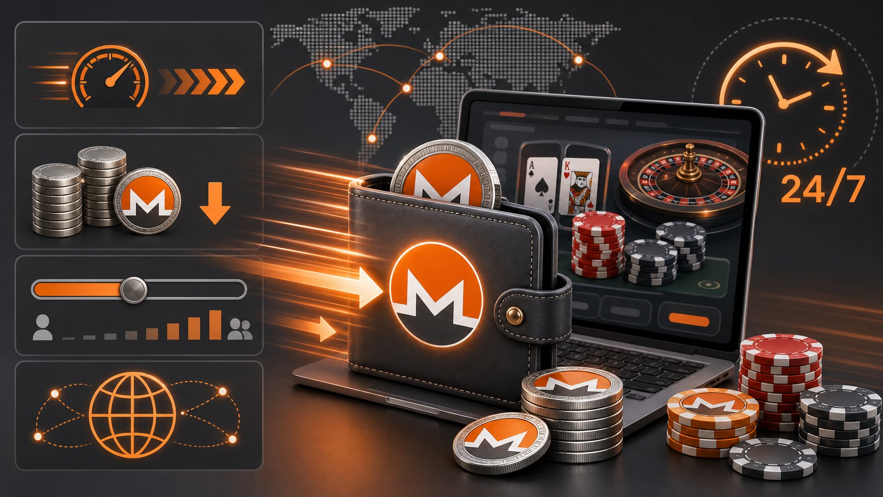 A Digital Wallet With The Monero Logo Connected To An Online Casino Interface, Showing Symbols Representing Speed, Fees, Transaction Limits, And Global Availability.
