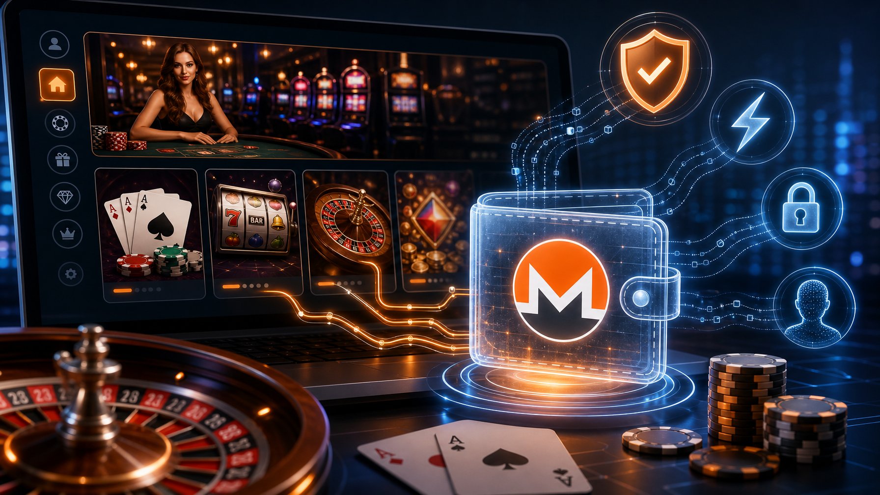 A Digital Illustration Showing An Online Casino Interface With Various Games And A Monero Cryptocurrency Wallet Connected To It, Symbolizing Secure And Seamless Payment Integration.