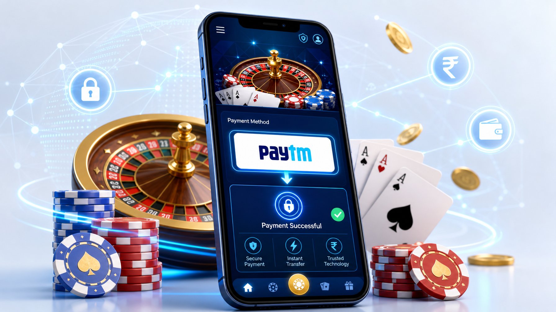 A Smartphone Displaying A Casino App With Poker Chips, Playing Cards, And A Roulette Wheel, Surrounded By Digital Payment Icons And Network Lines Symbolizing A Secure Paytm Payment Method.