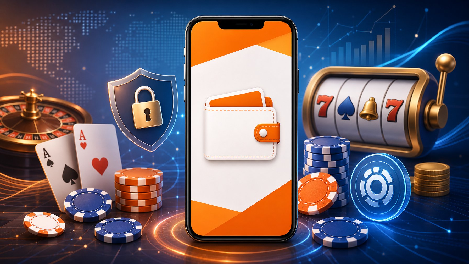 A Smartphone Displaying A Digital Wallet Interface With Paytm Colors, Surrounded By Casino Elements Like Poker Chips And Playing Cards, Symbolizing Paytm As A Payment Method For Online Casinos.