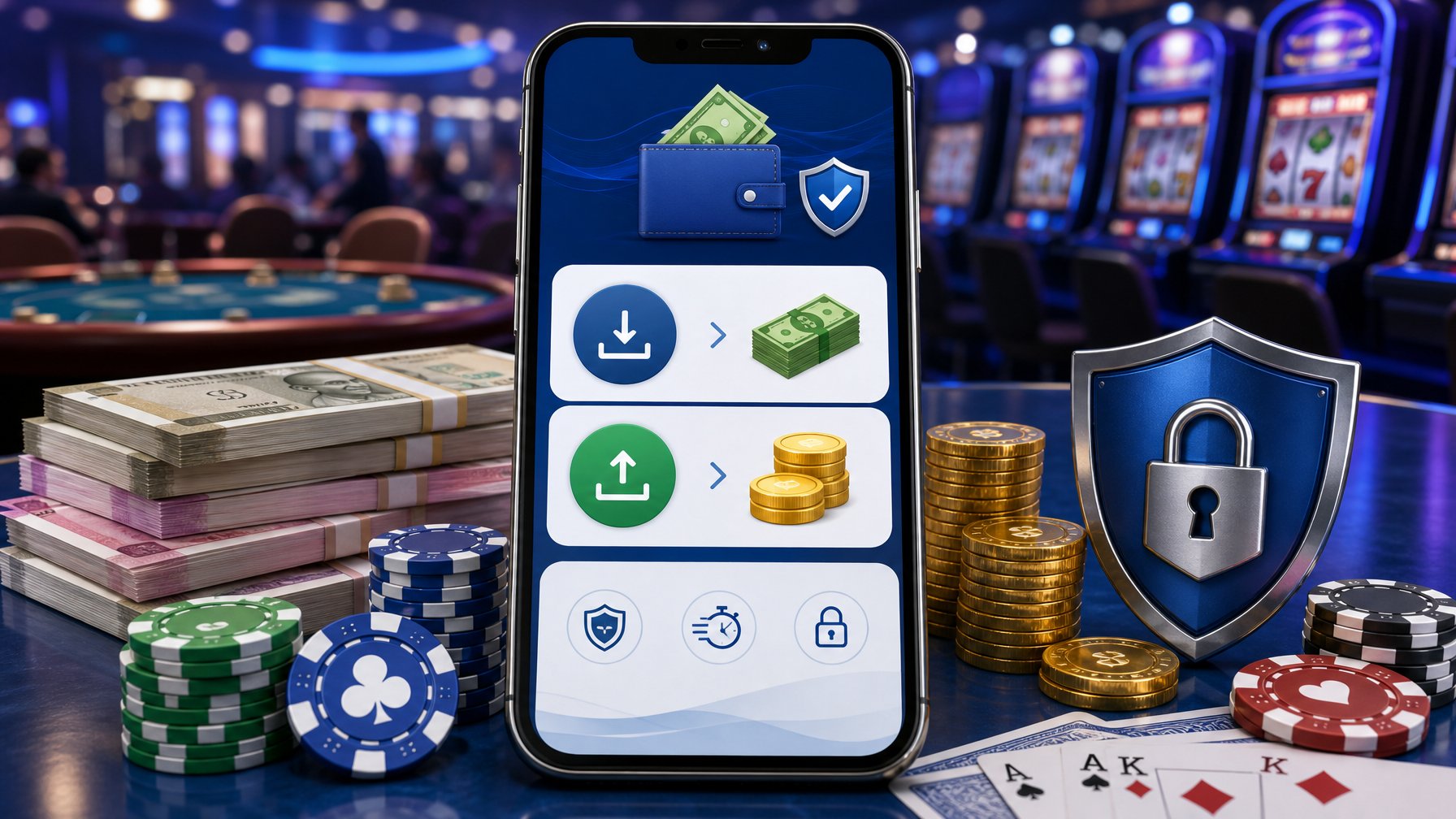 A Smartphone Showing A Digital Wallet With Icons For Deposits And Withdrawals, Surrounded By Currency, Coins, And Casino Chips, With A Blurred Casino Environment In The Background.