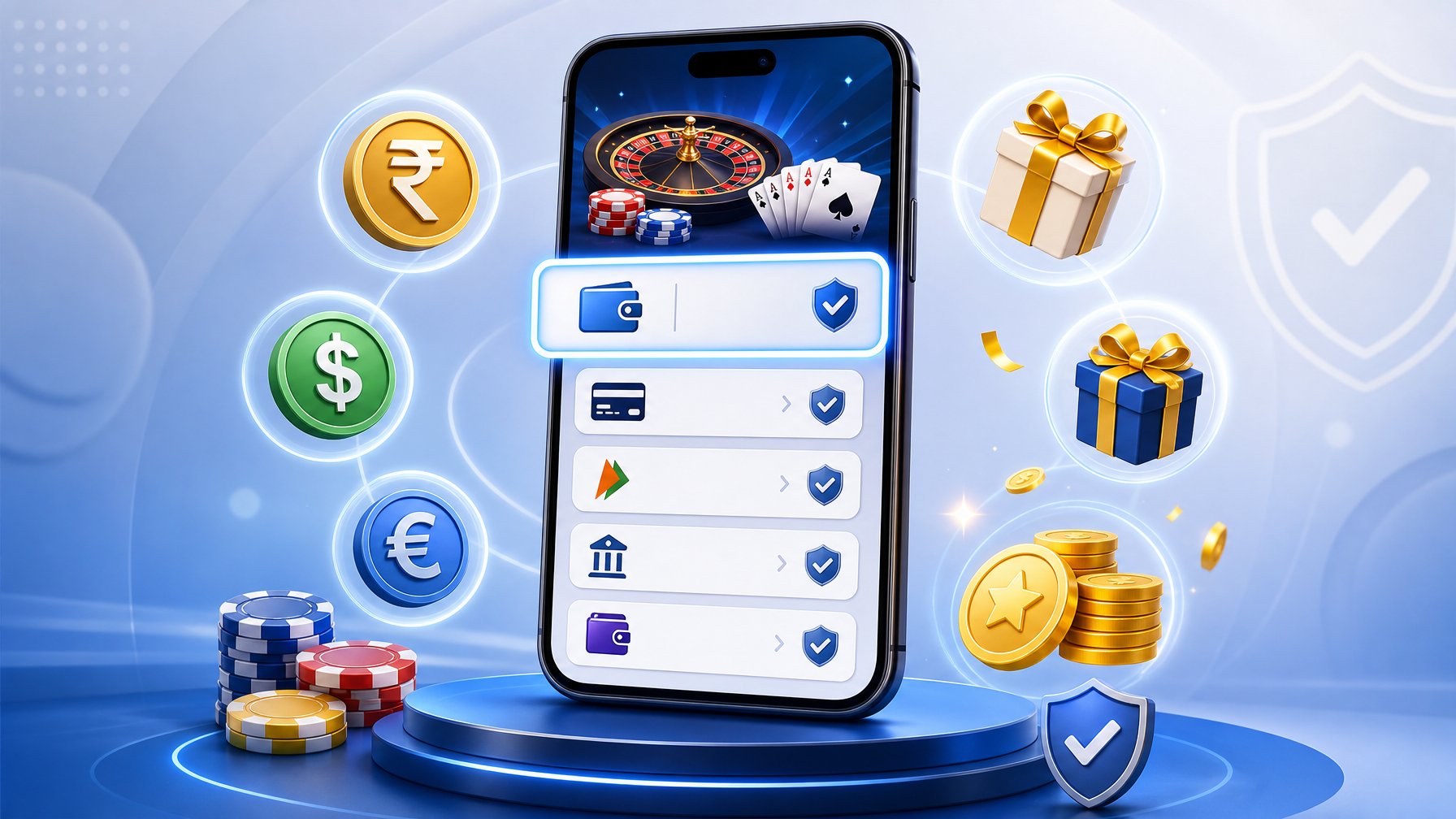 A Smartphone Showing A Digital Casino Payment Interface With Paytm Highlighted, Surrounded By Currency Symbols And Bonus Icons.