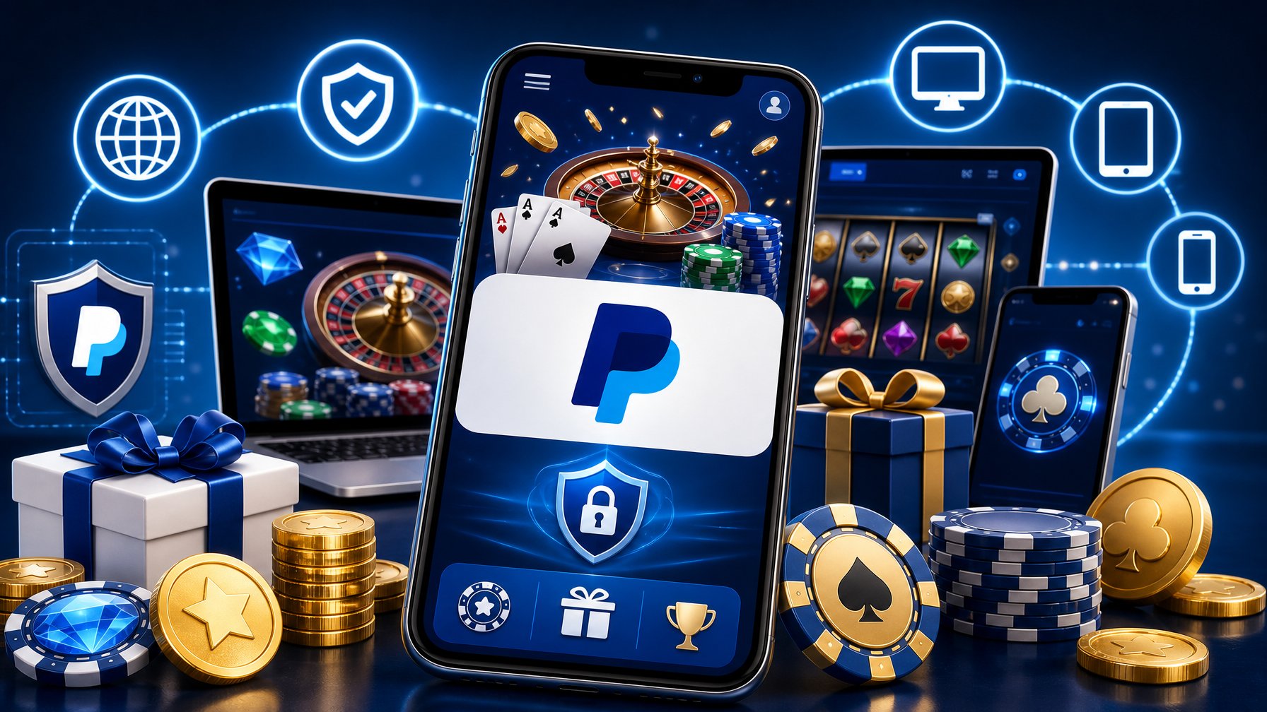 A Smartphone Displaying A Casino App With The Paypal Logo, Surrounded By Casino Chips, Coins, And Gift Boxes, Alongside Icons Of Multiple Devices Connected To Show Compatibility.