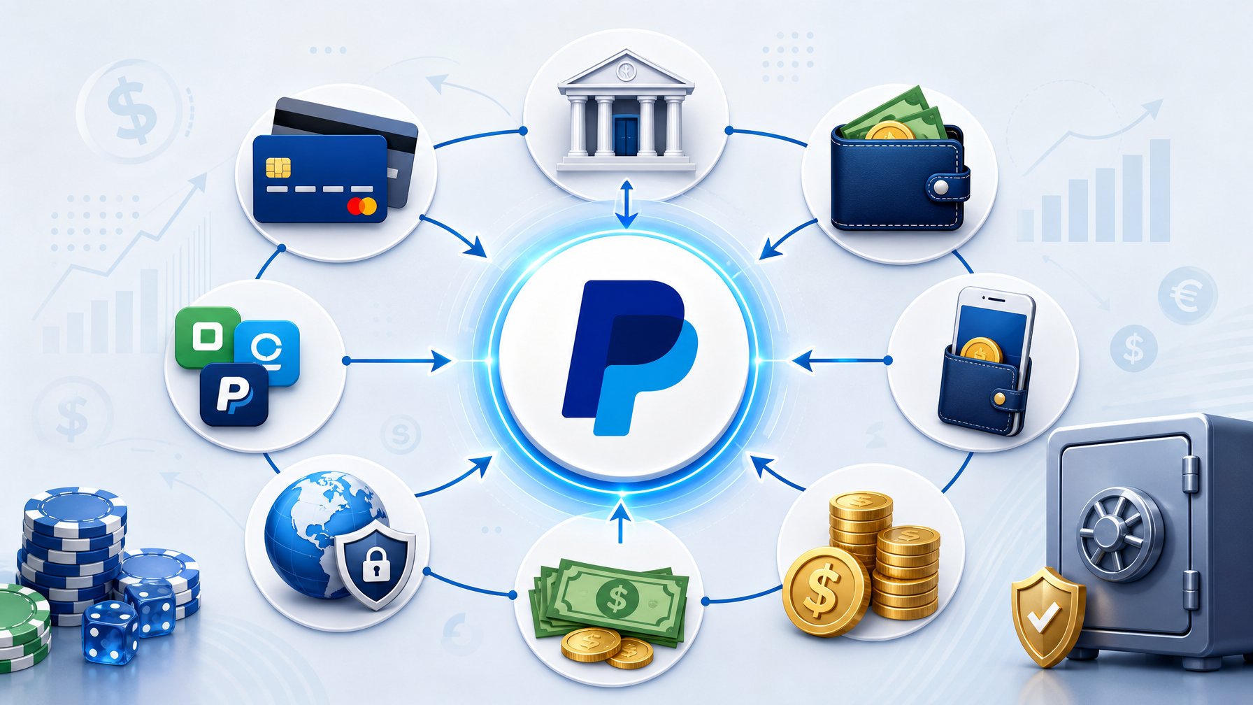 An Illustration Showing Various Payment Method Icons Arranged Around A Highlighted Paypal Symbol, Representing A Comparison Of Banking Options For Casino Payments.