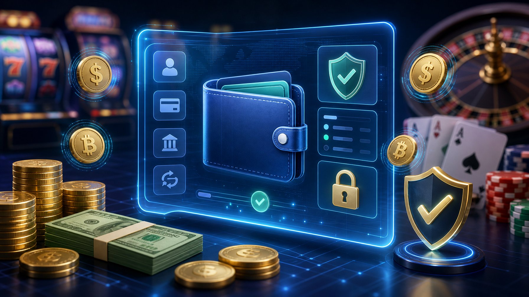 A Digital Wallet Interface Floating Above A Blurred Casino Background With Icons Representing Secure Online Payments.