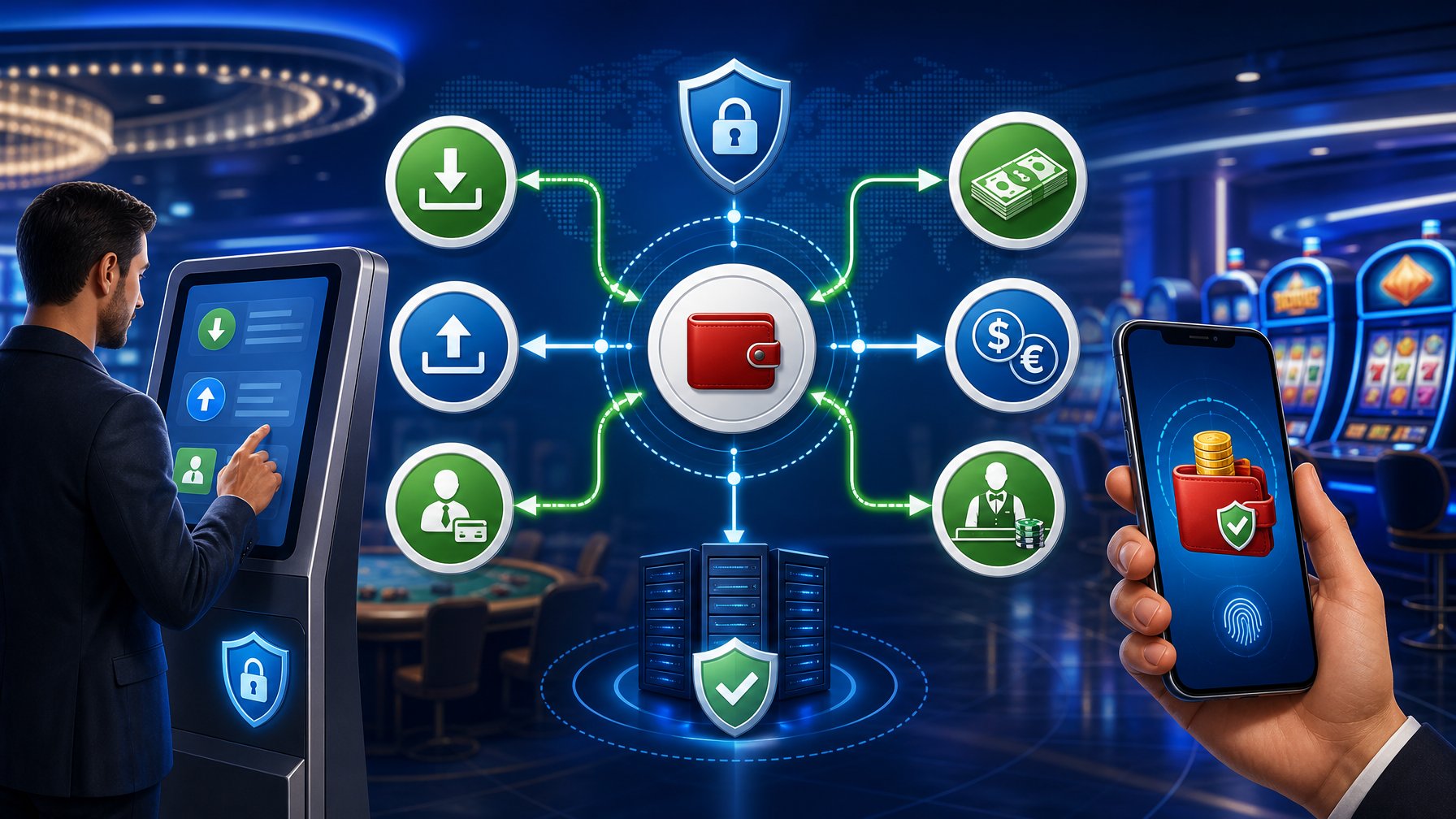 A Modern Casino Scene Showing A User Interacting With Digital Payment Interfaces Representing Deposits, Withdrawals, And Cashier Transactions Connected By Flow Lines.