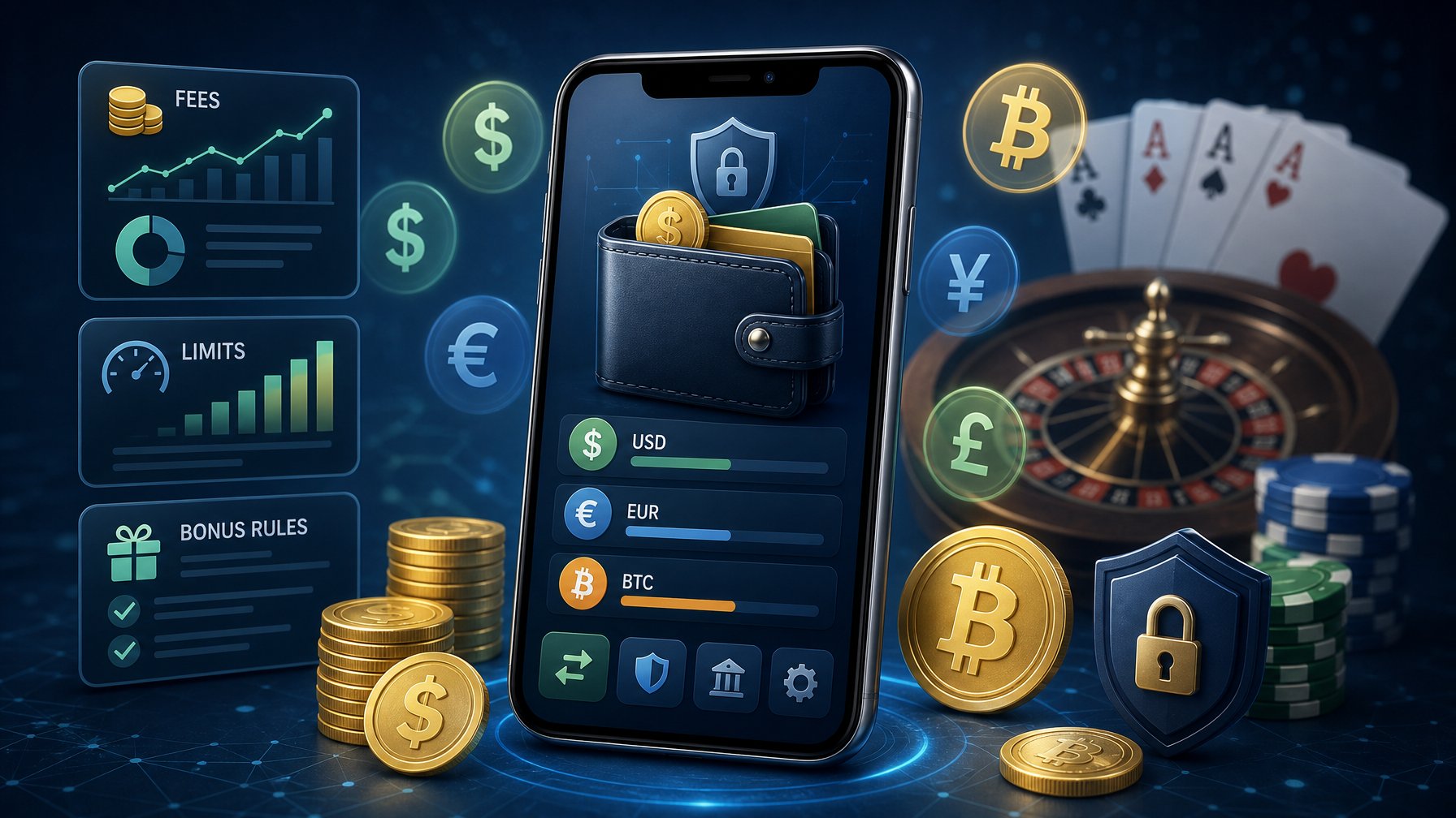 A Smartphone Displaying A Digital Wallet Surrounded By Currency Symbols, Coins, And Casino Elements Like Poker Chips And Cards.