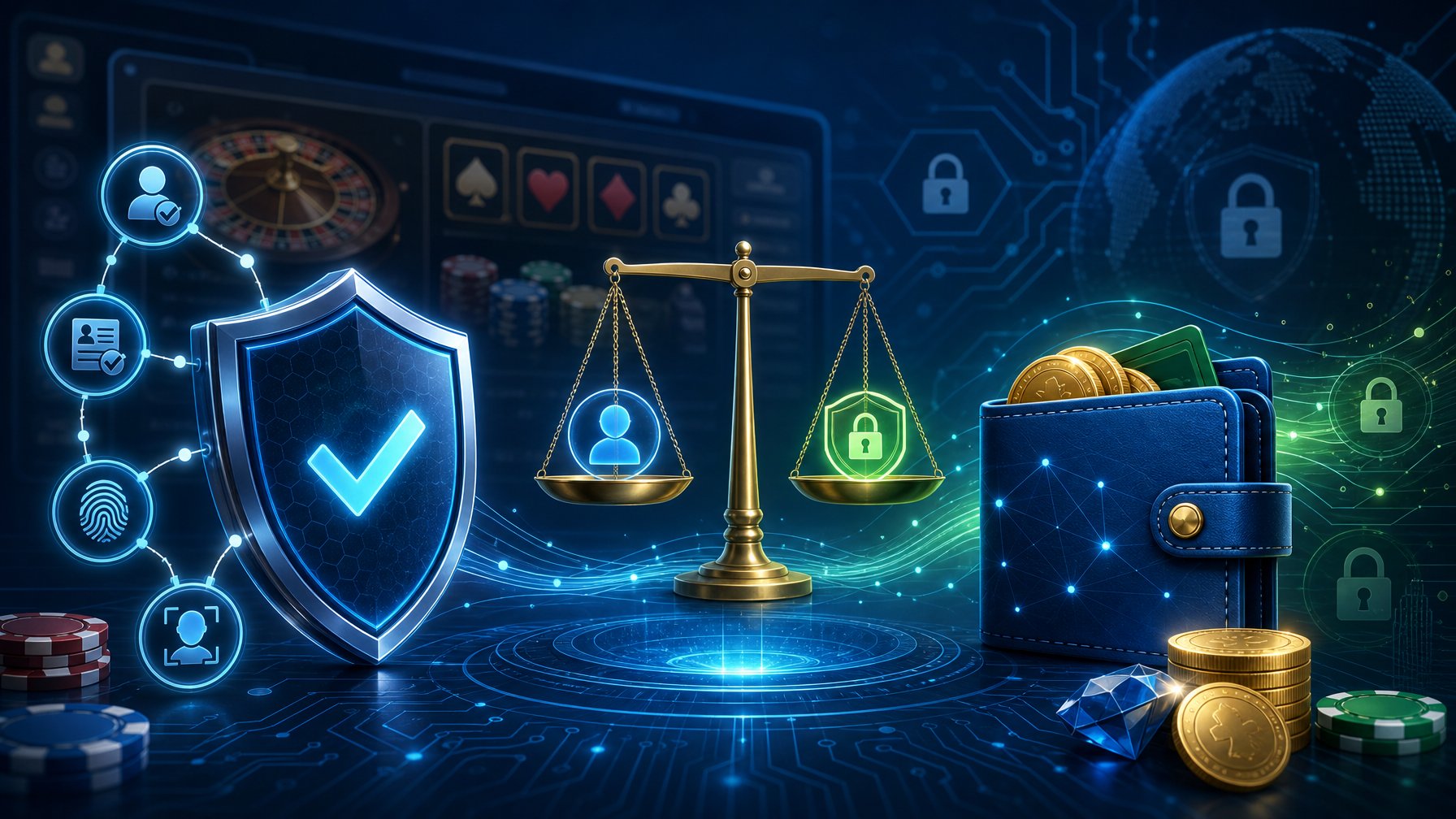 A Digital Scene Showing A Shield, A Balance Scale, And A Digital Wallet Connected By Glowing Lines, Representing Security, Verification, And Privacy TradeOffs In Online Casino Payments.