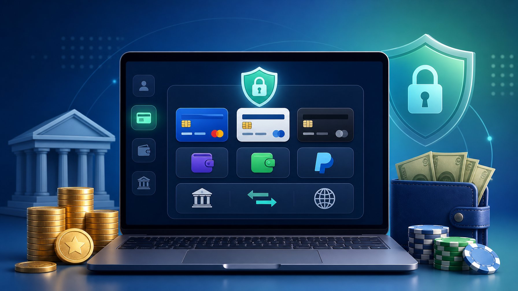 A Computer Screen Showing Digital Payment Icons And Security Symbols Surrounded By Currency Symbols In A Clean, Professional Setting.