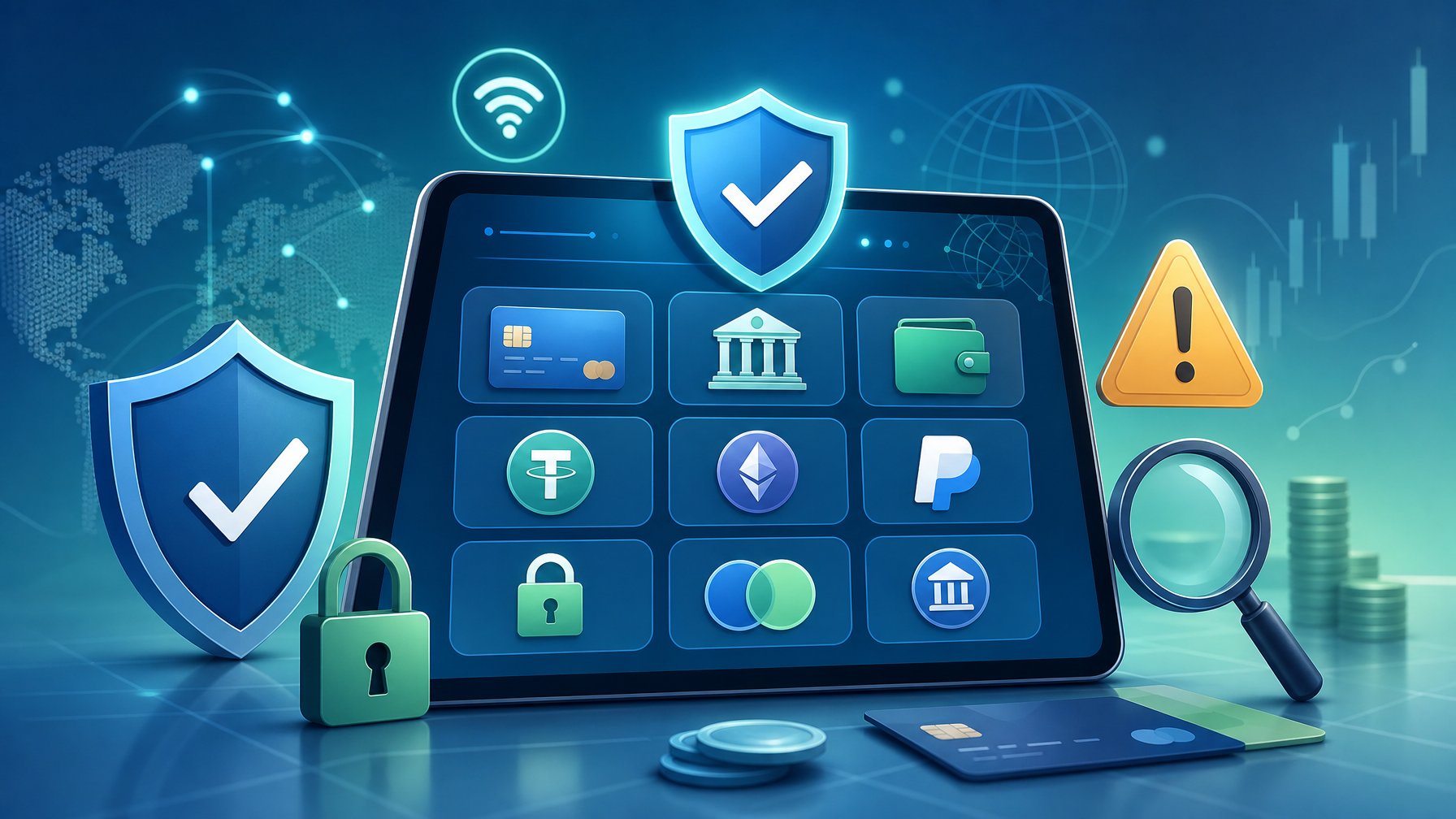 A Digital Payment Interface With Security Icons Like A Shield, Lock, And Warning Signs Indicating Safety And Caution For Online Casino Payments.