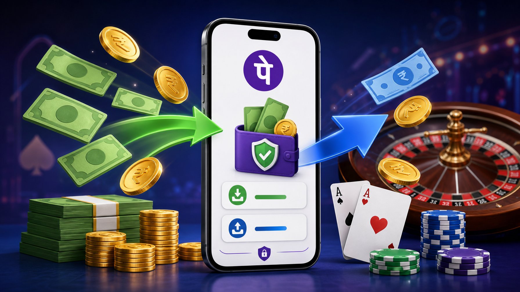 A Smartphone With Money Icons Flowing In And Out, Surrounded By Casino Elements Like Cards And Chips, Illustrating Deposits And Withdrawals Using Phonepe.