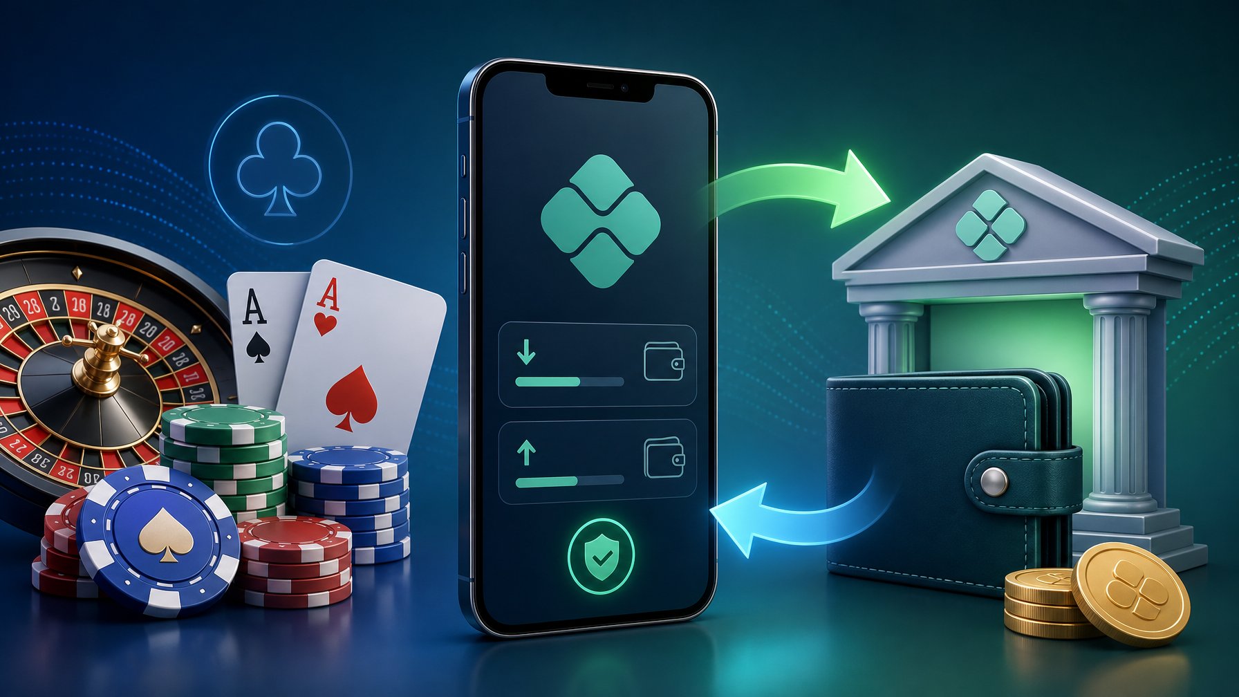A Smartphone Displaying A Digital Payment Interface With Casino Chips, Cards, And A Roulette Wheel Around It, Showing Money Flow Between The Phone And A Casino Wallet.