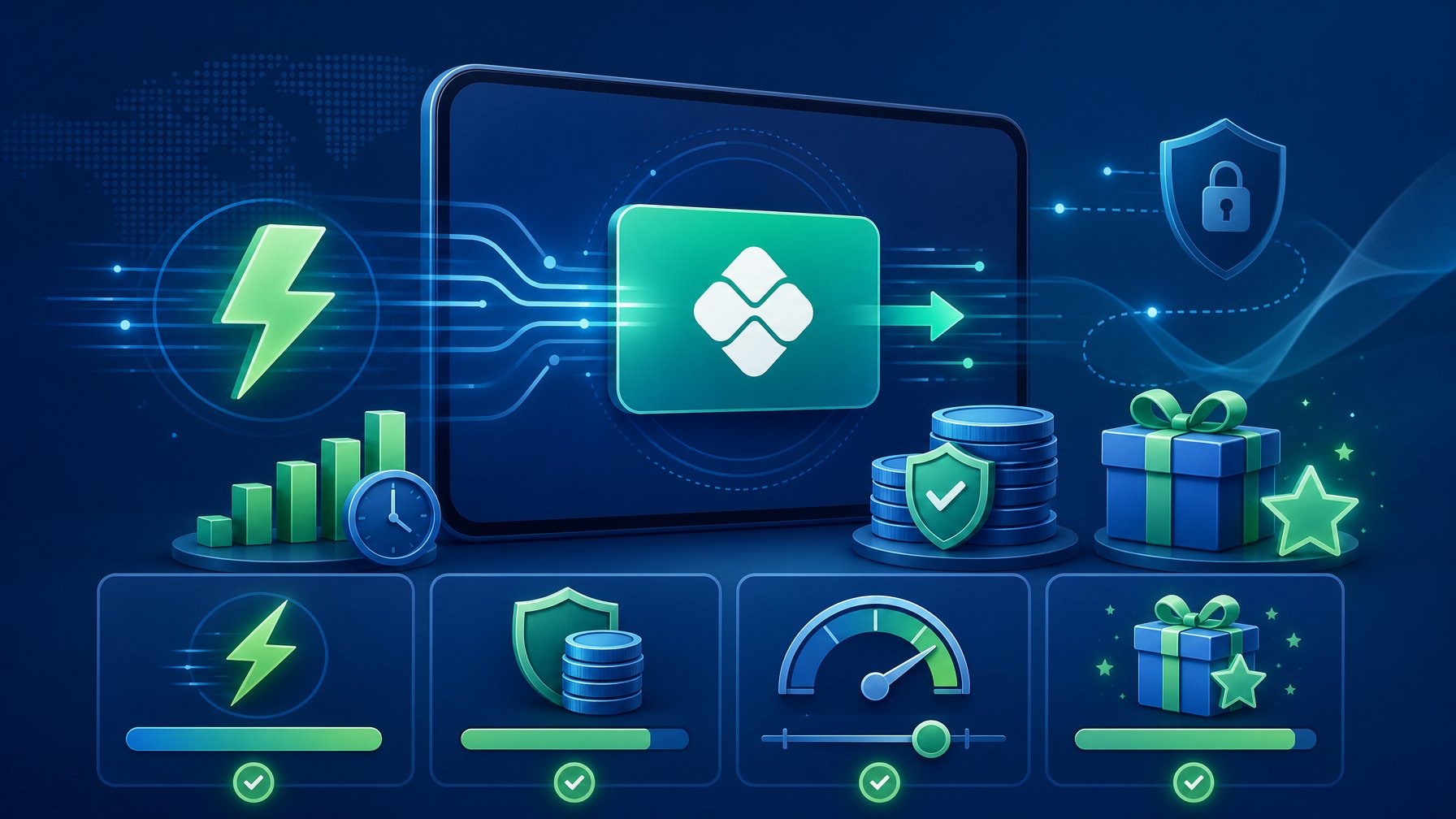 Illustration Of A Digital Payment Interface With Icons Representing Speed, Fees, Transaction Limits, And Bonuses In A Clean And Modern Design.