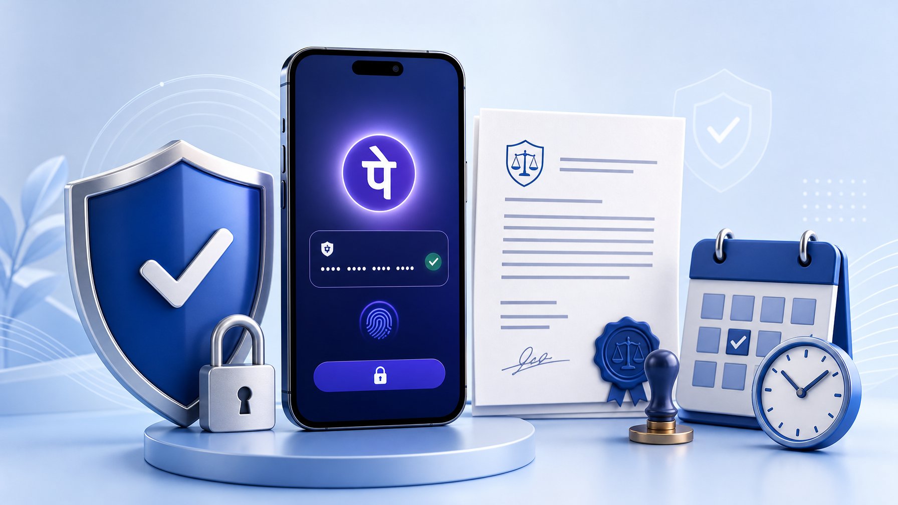 A Smartphone Showing A Secure Payment Screen With Symbols Of Safety, Legal Documents, And A Calendar Around It.