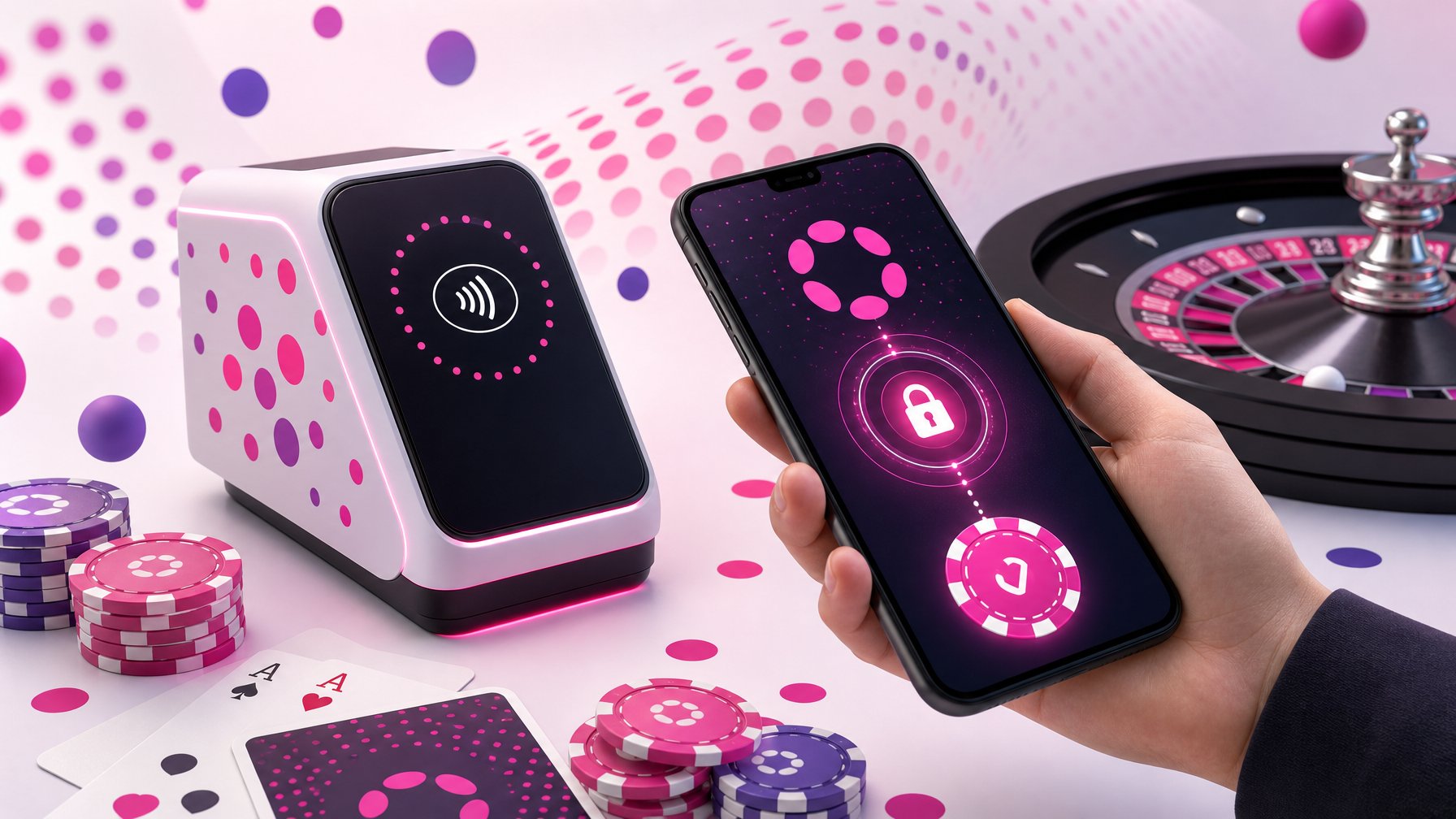 A Hand Holding A Smartphone Showing A Secure Payment Screen Next To A Digital Payment Terminal Surrounded By Poker Chips, Playing Cards, And A Roulette Wheel Decorated With Colorful Dots.