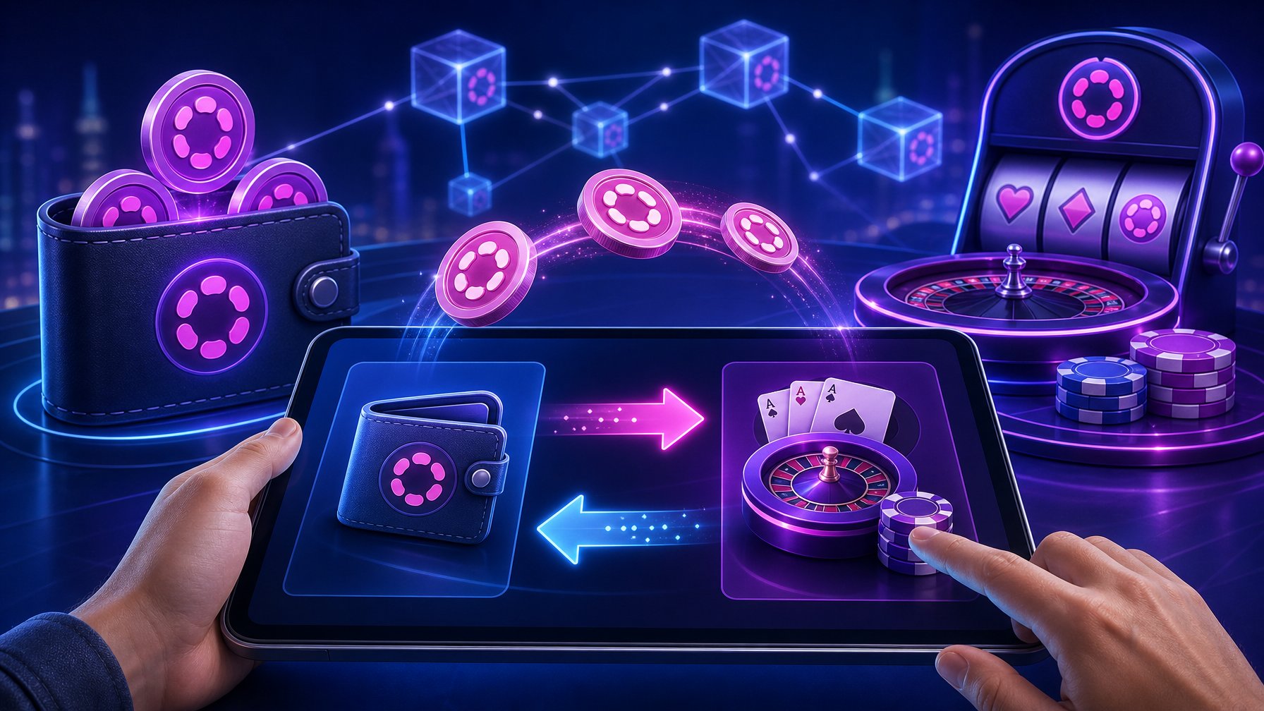 Illustration Of Digital Coins And Tokens Moving Between A Wallet And A Casino Platform With Blockchain Nodes Connected, Representing Deposits And Withdrawals In A Polkadot Casino Payment System.