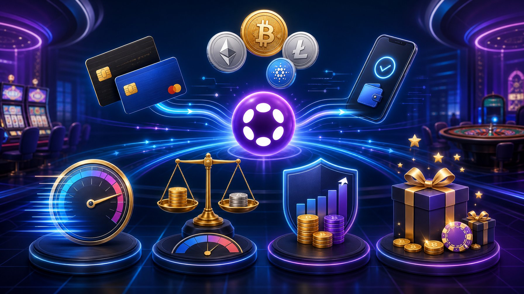 Illustration Showing Digital Payment Methods With Symbols For Speed, Fees, Limits, And Bonuses In A Futuristic Casino Setting.