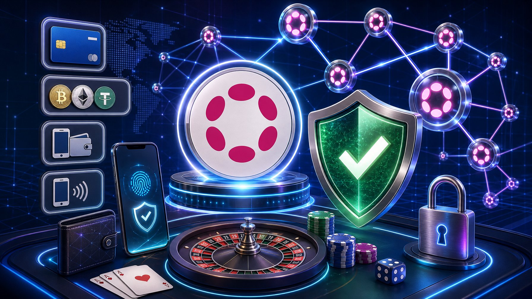 A Digital Casino Payment Interface Showing Security Icons, Blockchain Network Nodes, And Various Payment Methods Representing Safety And Availability.
