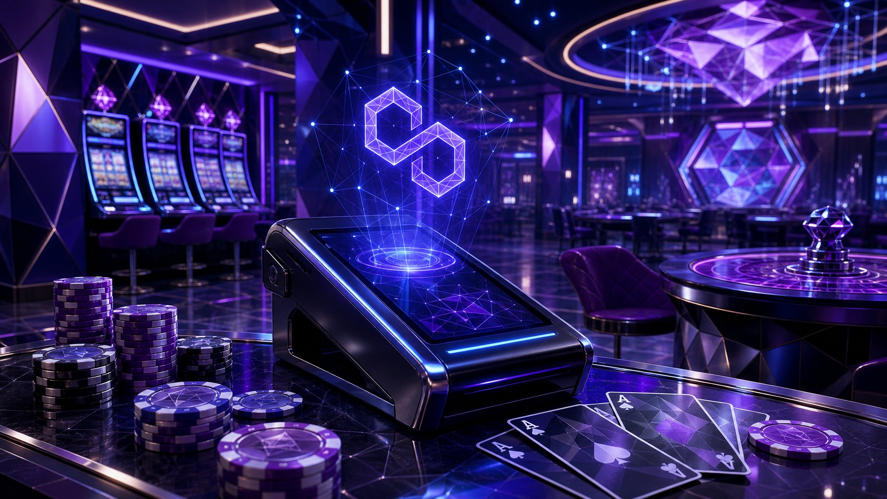 A Futuristic Casino Interior Featuring A Digital Payment Terminal Surrounded By Poker Chips, Playing Cards, And Slot Machines With Glowing Polygonal Shapes And BluePurple Lighting.