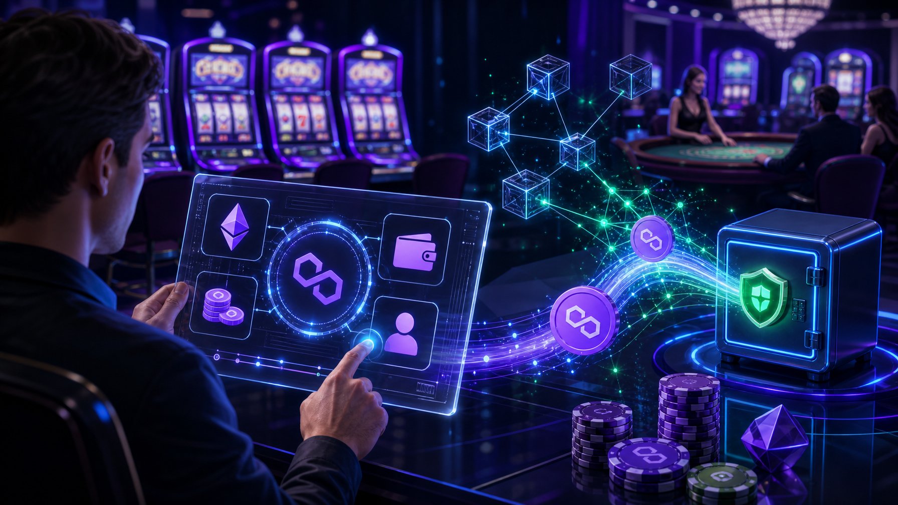 A Person Using A Digital Payment Interface In A Futuristic Casino Environment, With Glowing Lines Representing Secure And Fast Transactions.