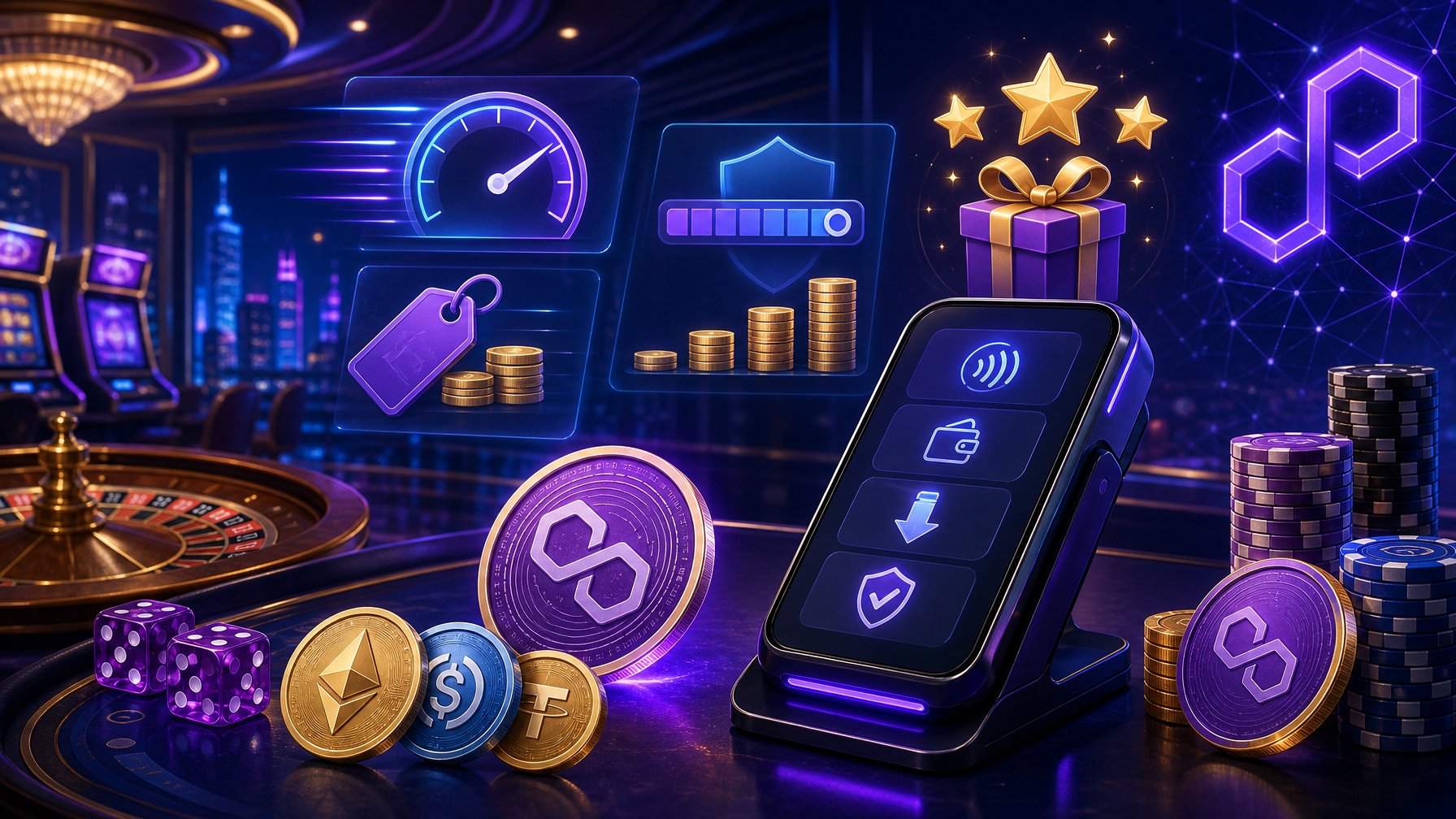 A Modern Casino Scene With Digital Coins, A Payment Terminal, And Visual Symbols Representing Transaction Speed, Fees, Limits, And Bonuses.