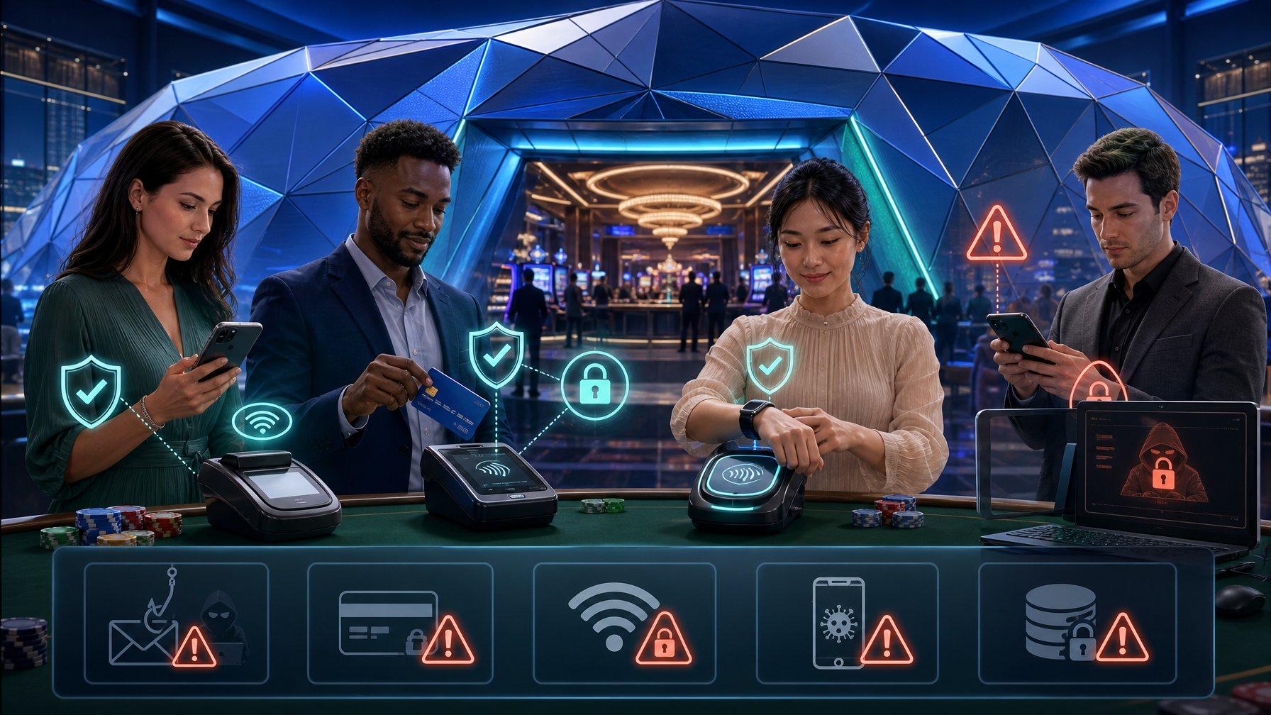 Illustration Of People Using Various Digital Payment Methods In A PolygonShaped Casino With Security Icons And Warning Signs Highlighting Safety And Risks.