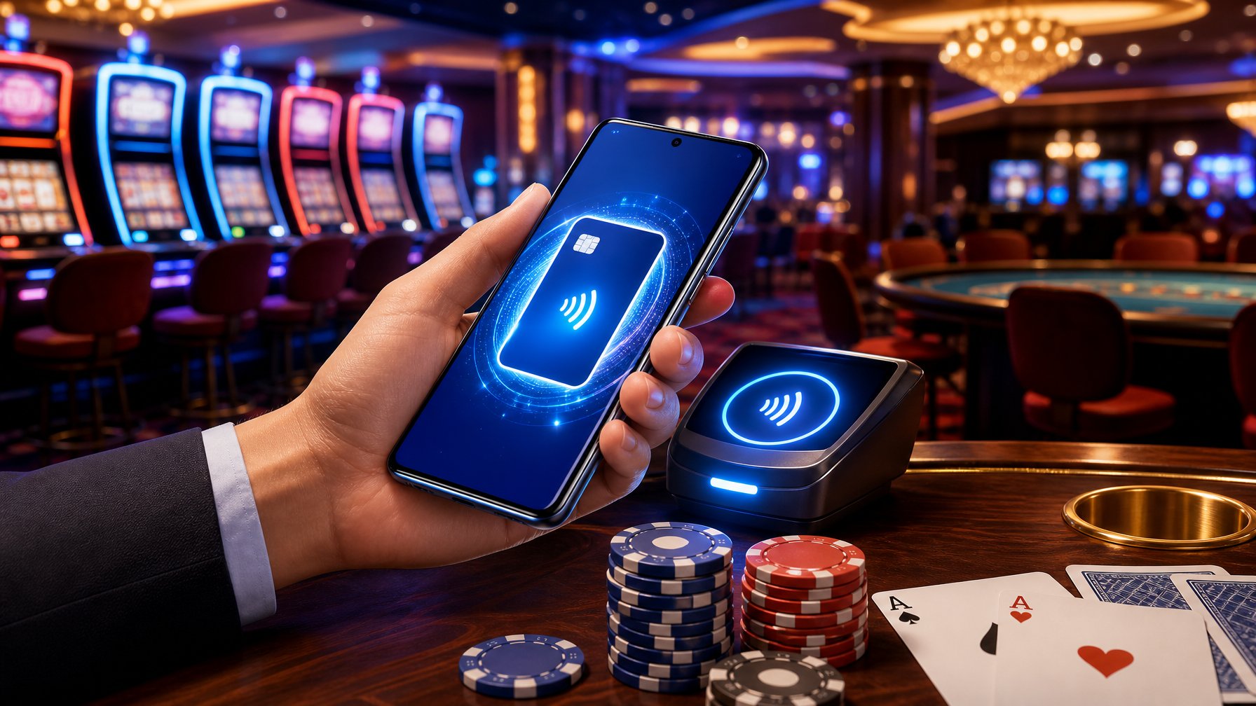 A Hand Holding A Smartphone With A Glowing Payment Interface Near Casino Chips And Playing Cards On A Casino Table.