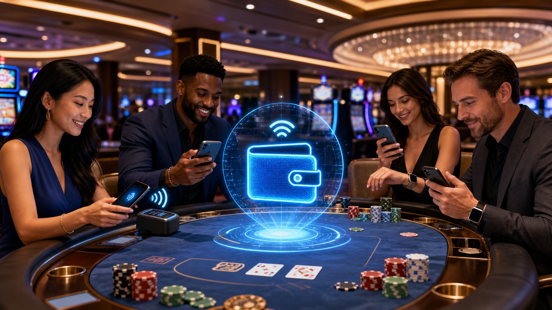 Players Using Smartphones To Make Digital Payments At A Casino Table With Chips And Cards Around.