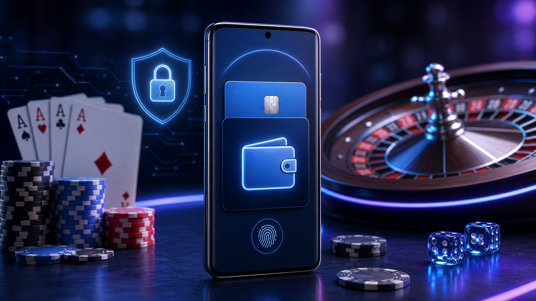 A Smartphone Showing A Digital Wallet Surrounded By Poker Chips, Playing Cards, And A Roulette Wheel, Representing Mobile Payments In An Online Casino.