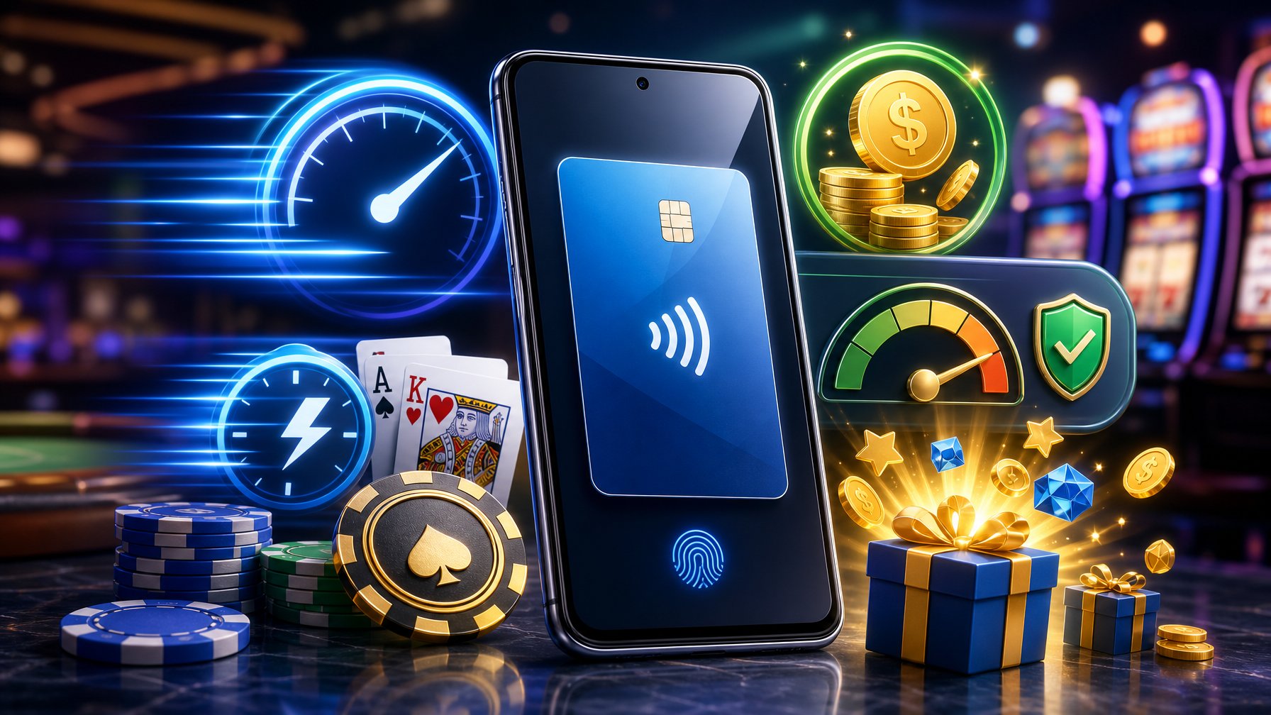 A Smartphone Displaying A Digital Payment App Surrounded By Icons Representing Fast Transactions, Fees, Limits, And Bonuses With A Blurred Casino Background.