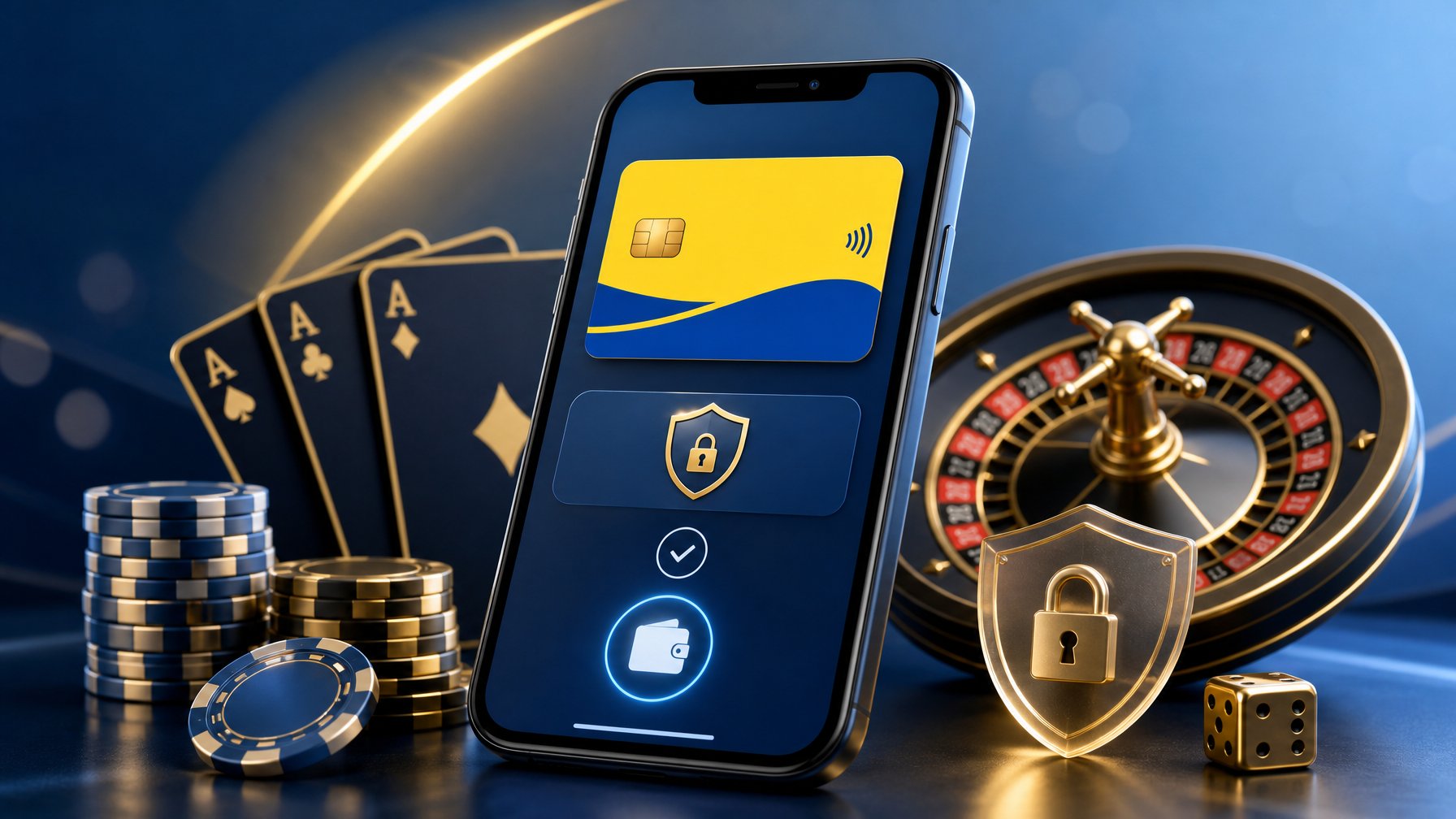 A Smartphone Displaying A Digital Wallet With A Postepay Card Surrounded By Poker Chips, Playing Cards, And A Roulette Wheel.
