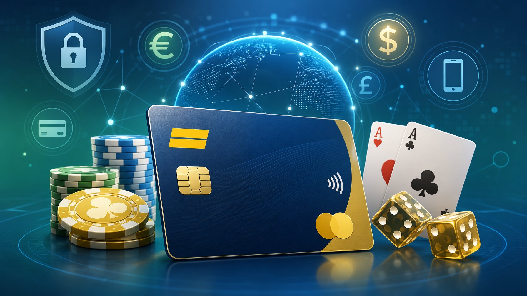 A Credit Card Surrounded By Poker Chips, Dice, And Playing Cards With Abstract Financial Icons In The Background, Representing A Casino Payment Method.