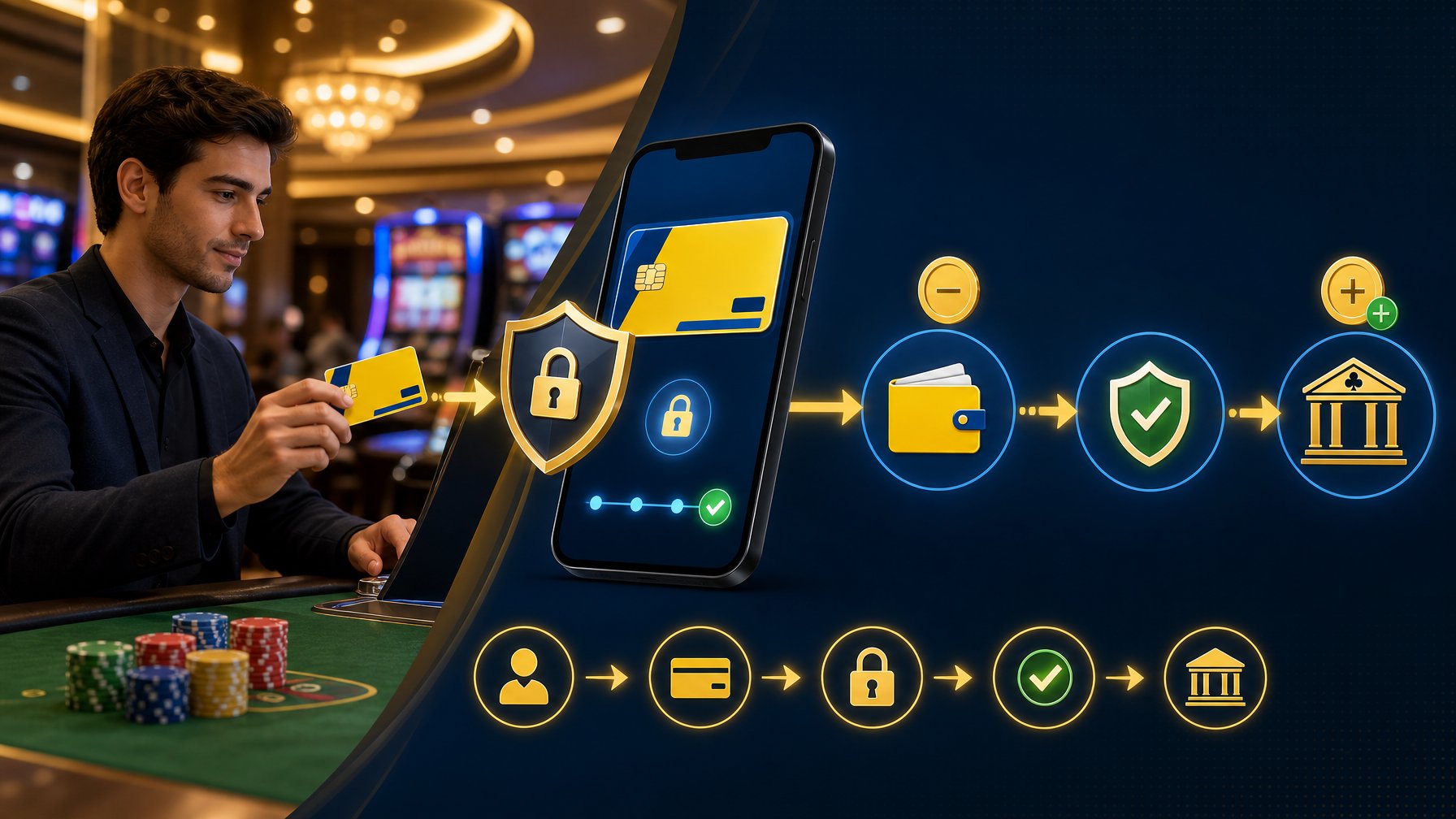 A Person Using A Postepay Card On A Digital Device To Make A Payment At A Casino, With Arrows Showing Money Flowing From The Card To The Casino.
