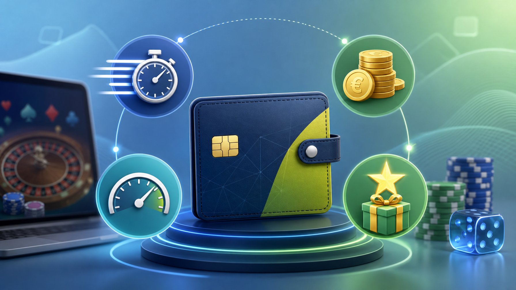 Illustration Showing A Digital Wallet With Icons Representing Speed, Fees, Limits, And Bonuses Related To Online Casino Payments.