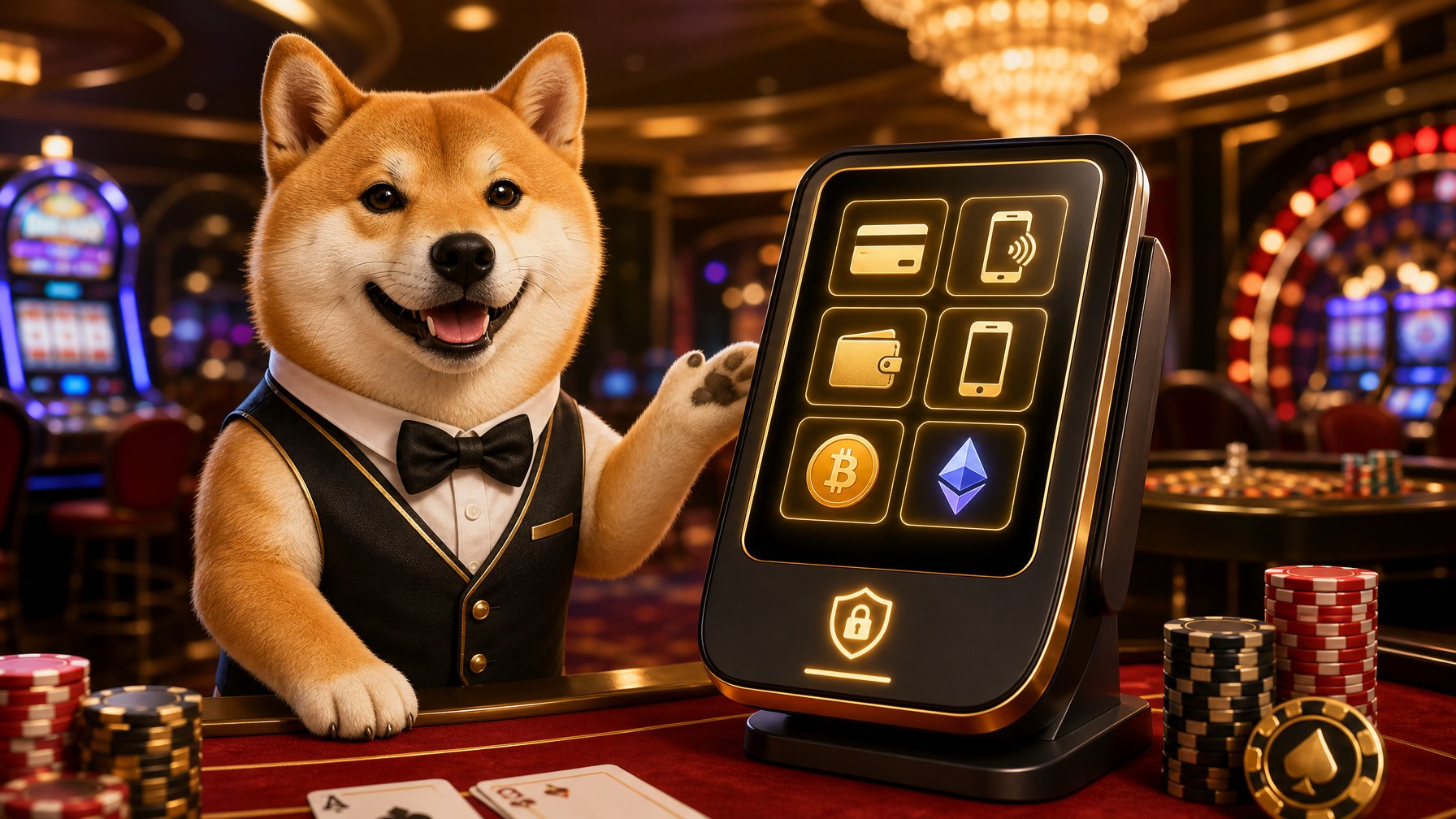 A Shiba Inu Dog Dressed As A Casino Dealer Stands Next To A Digital Payment Terminal In A Casino Setting With Poker Chips And Playing Cards In The Background.