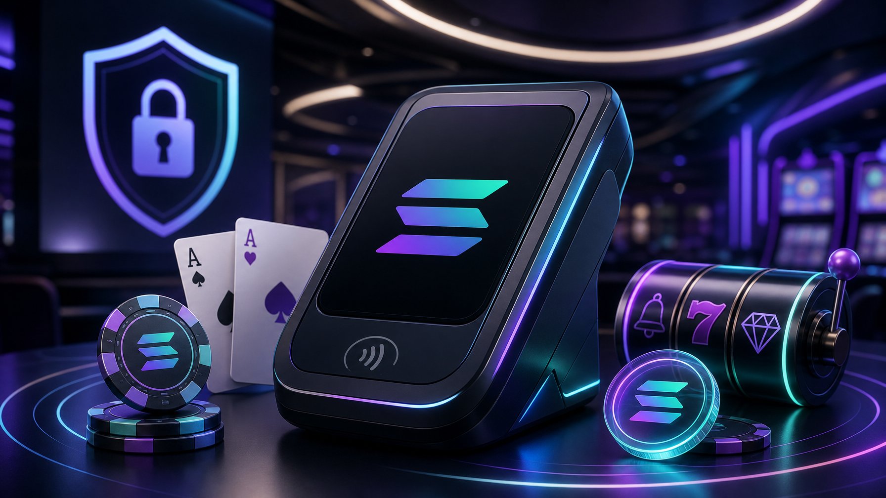 A Digital Payment Terminal With Solana Colors Surrounded By Casino Elements Like Poker Chips And Playing Cards In A Modern Casino Setting.