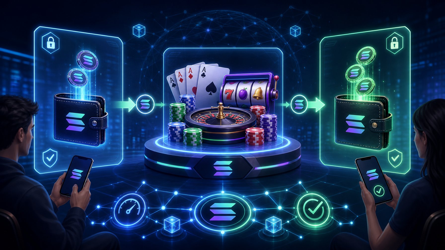 Illustration Showing A User Depositing And Cashing Out Money Through A SolanaBased Digital Casino Platform With A Flow Of Funds Between Digital Wallets And The Casino.