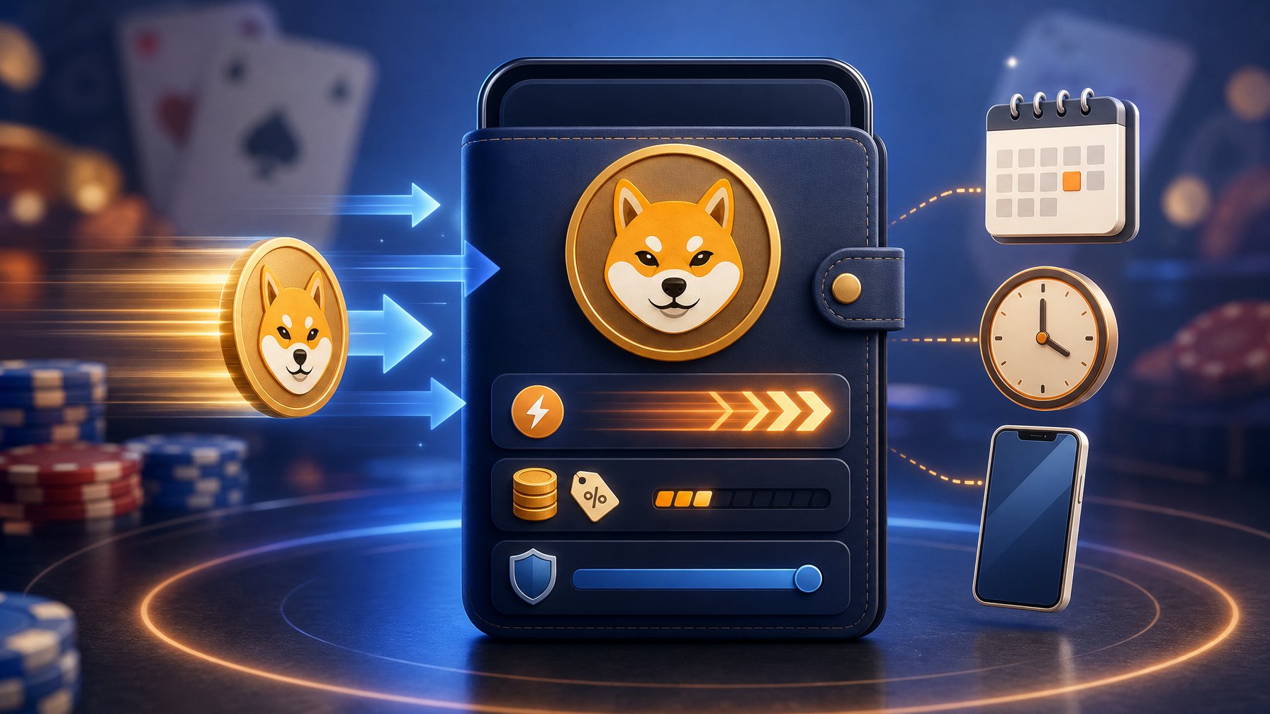 A Digital Wallet Interface Featuring A Shiba Inu Coin Logo With Icons Representing Fast Transactions, Low Fees, Transaction Limits, And Everyday Usability, Set Against A Subtle Casino Background.