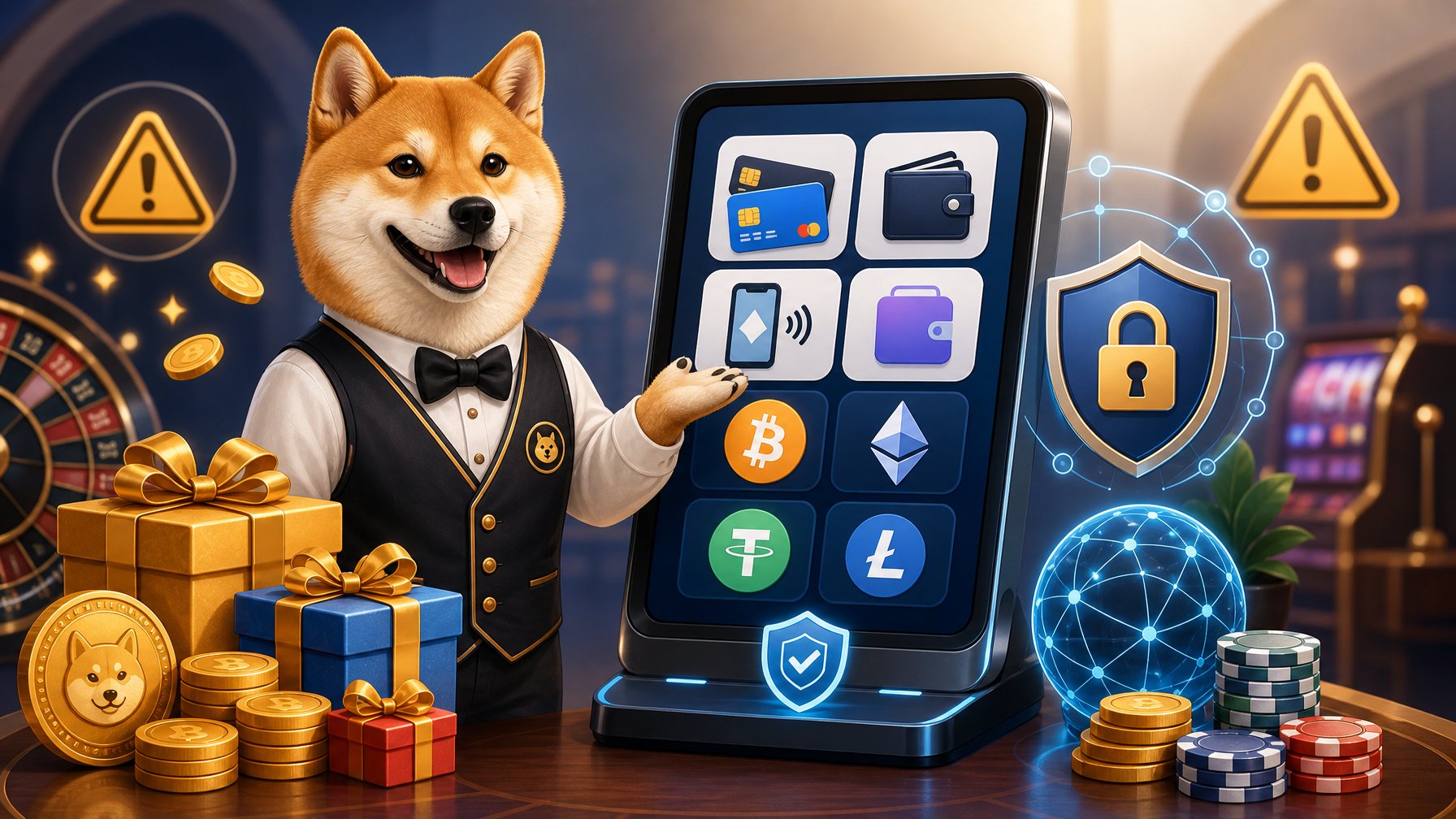 A Shiba Inu Dog Dressed As A Casino Dealer Stands Next To A Digital Payment Terminal Surrounded By Icons Representing Payment Methods, Bonuses, Security Shields, And Caution Symbols.