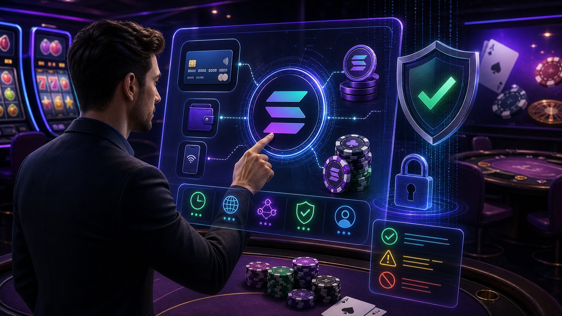 A Person Using A Digital Casino Payment Interface With Symbols Of Solana Cryptocurrency, Security Icons Like Shields And Padlocks, And Casino Elements In The Background.