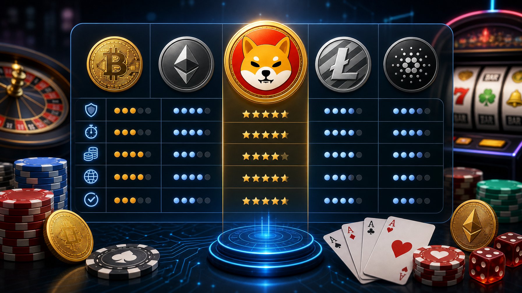 A Digital Interface Showing Shiba Inu And Other Cryptocurrency Icons Alongside Casino Symbols Like Poker Chips And Playing Cards.