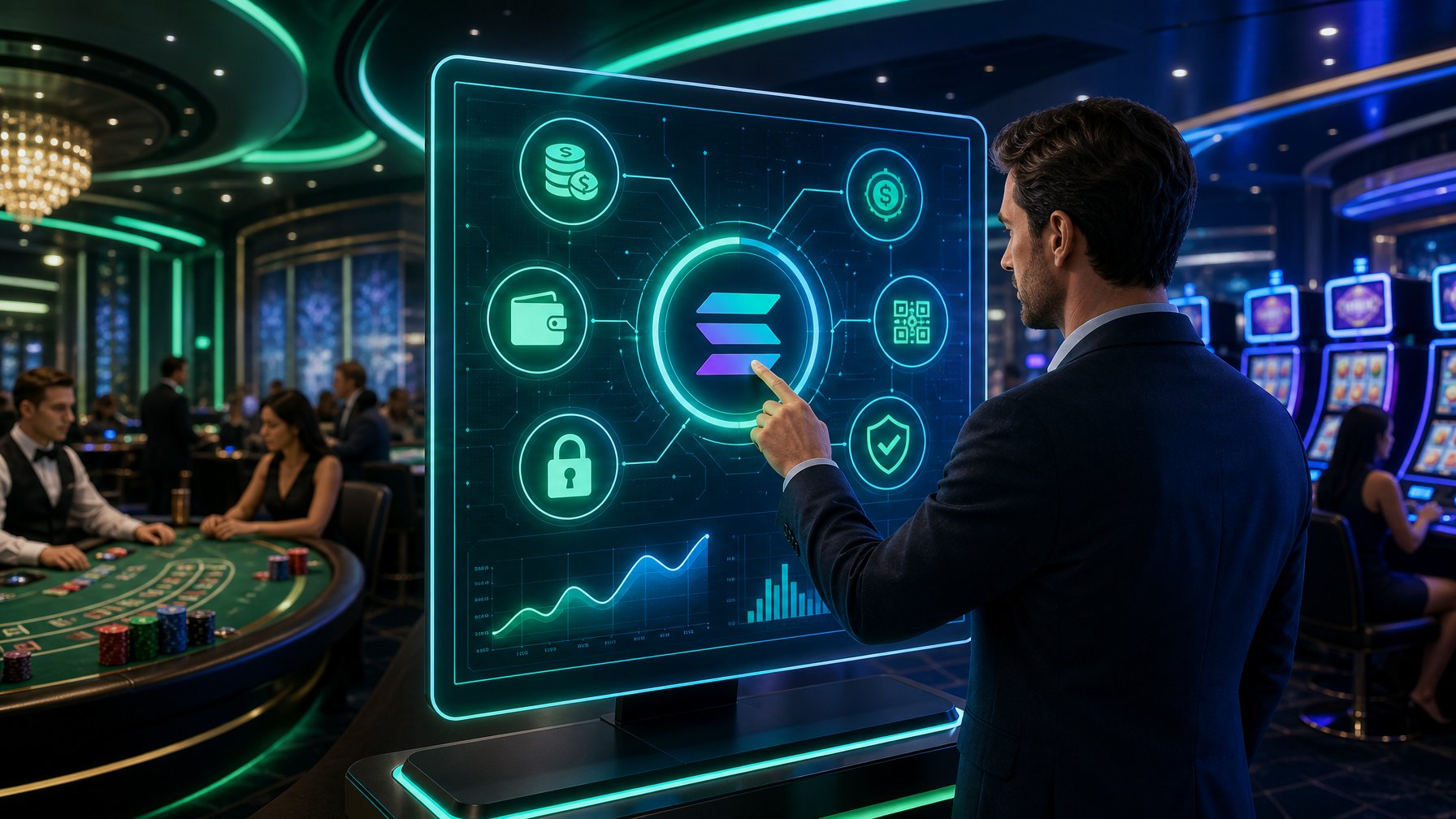 A Person Using A Digital Touchscreen Interface Showing Cryptocurrency Symbols In A Modern Casino Setting.