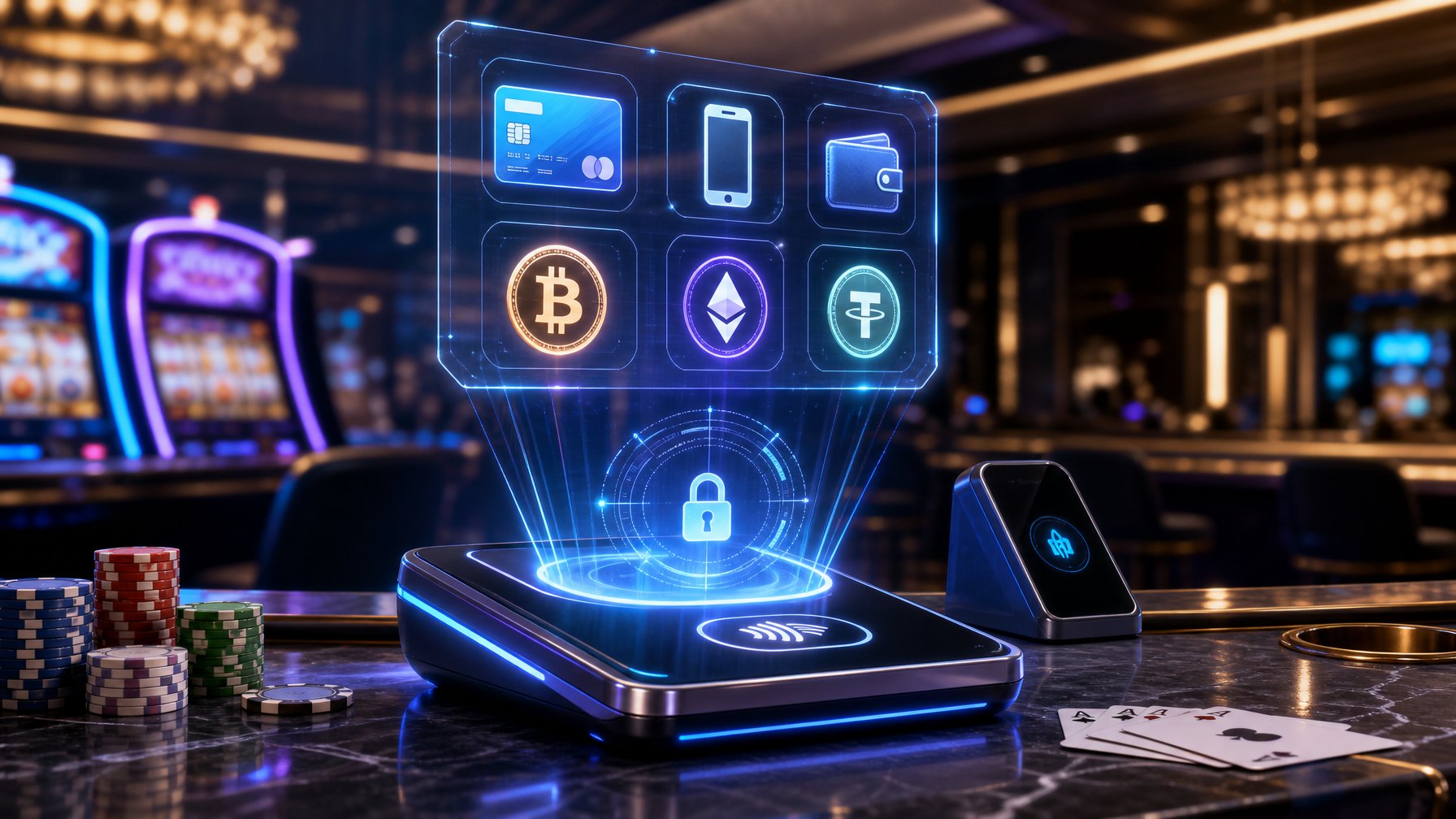 A Futuristic Casino Payment Terminal With Holographic Payment Icons Above A Casino Counter, Surrounded By Blurred Casino Elements.