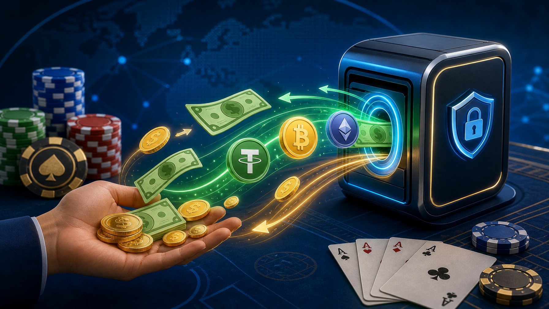 A Digital Interface Showing Money Flowing Between A User's Hand And A Secure Payment Terminal With CasinoRelated Elements Like Poker Chips And Playing Cards In The Background.